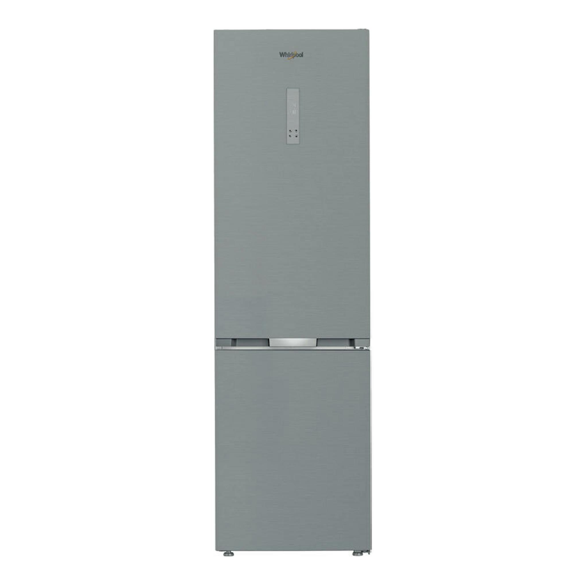 Frigorífico combi Whirlpool WHK26403XP6E en acabado inox gris, vista frontal, con dos puertas y panel central.