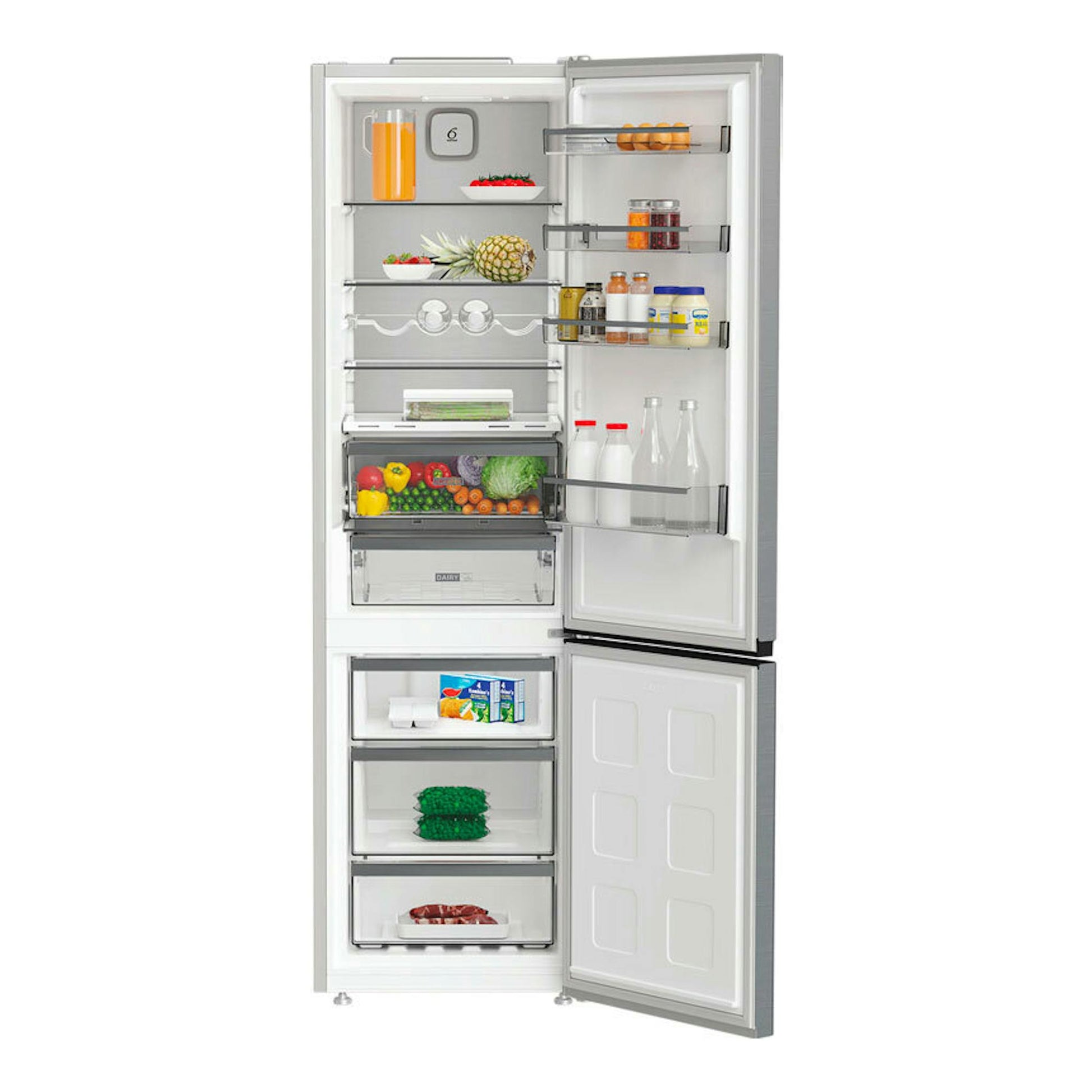 Frigorífico combi Whirlpool WHK26403XP6E Pearl Inox, vista frontal con puertas abiertas e interior blanco.