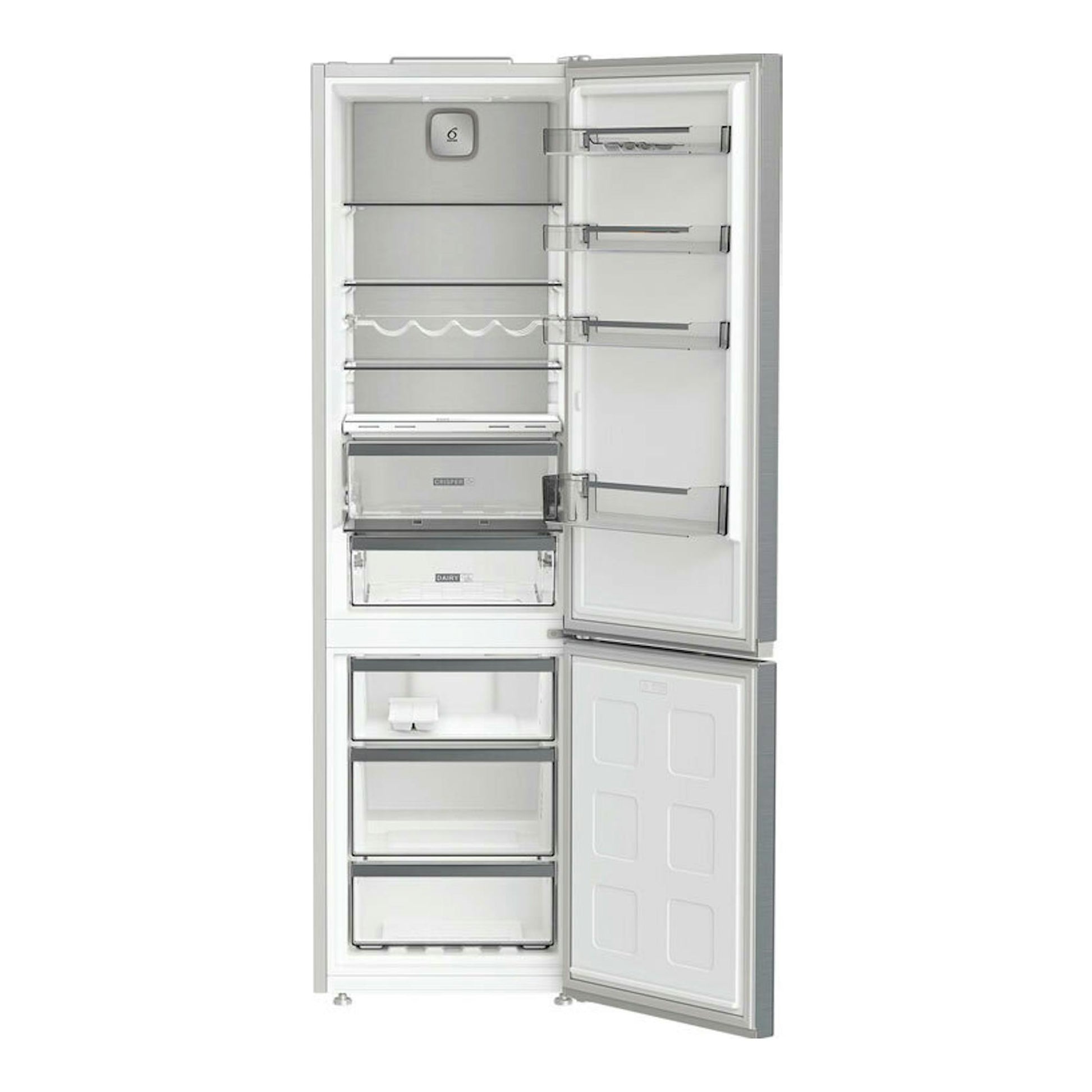 Frigorífico combi Whirlpool WHK26403XP6E en inox, vista frontal con ambas puertas abiertas.