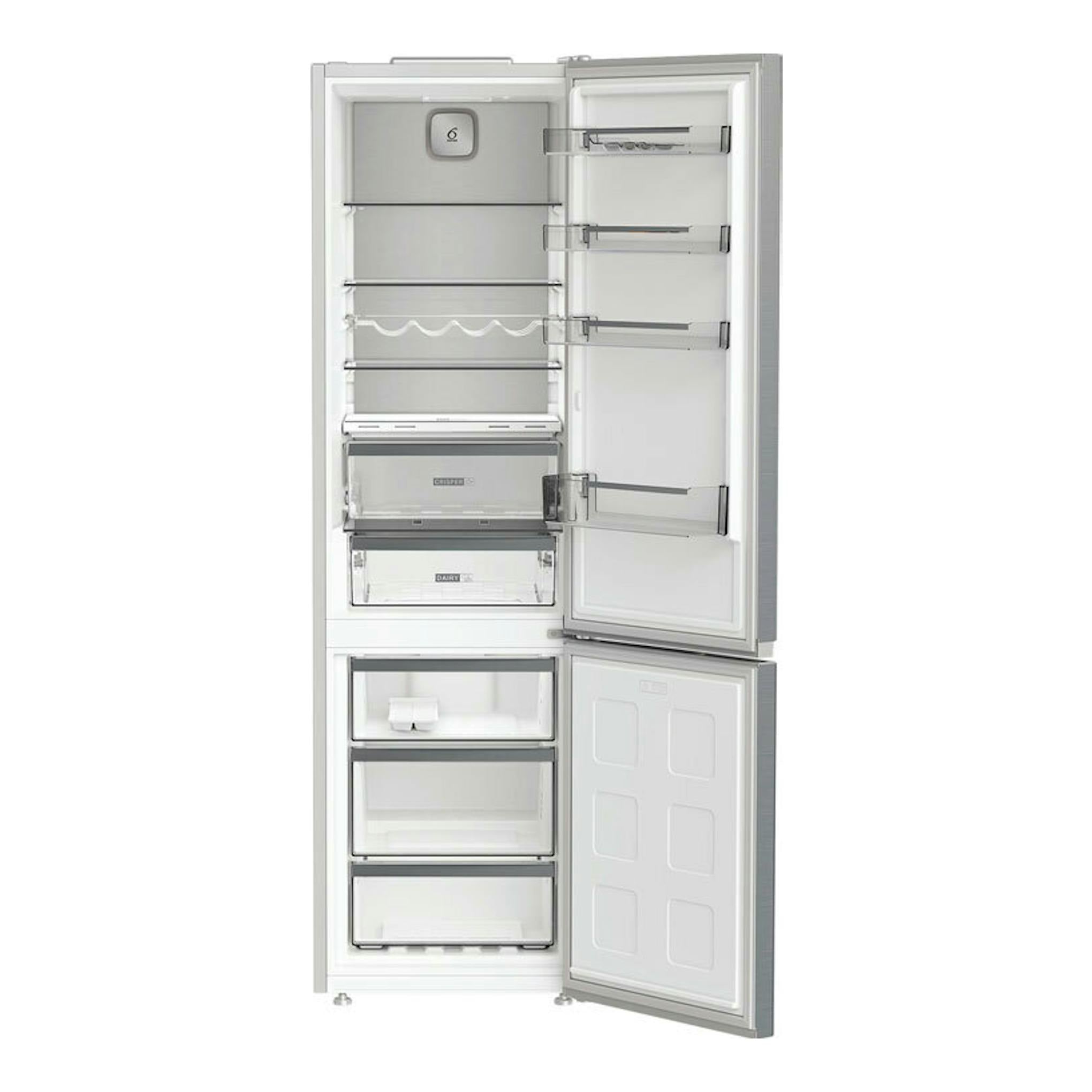 Frigorífico combi Whirlpool WHK26403XP6E en inox, vista frontal con ambas puertas abiertas.