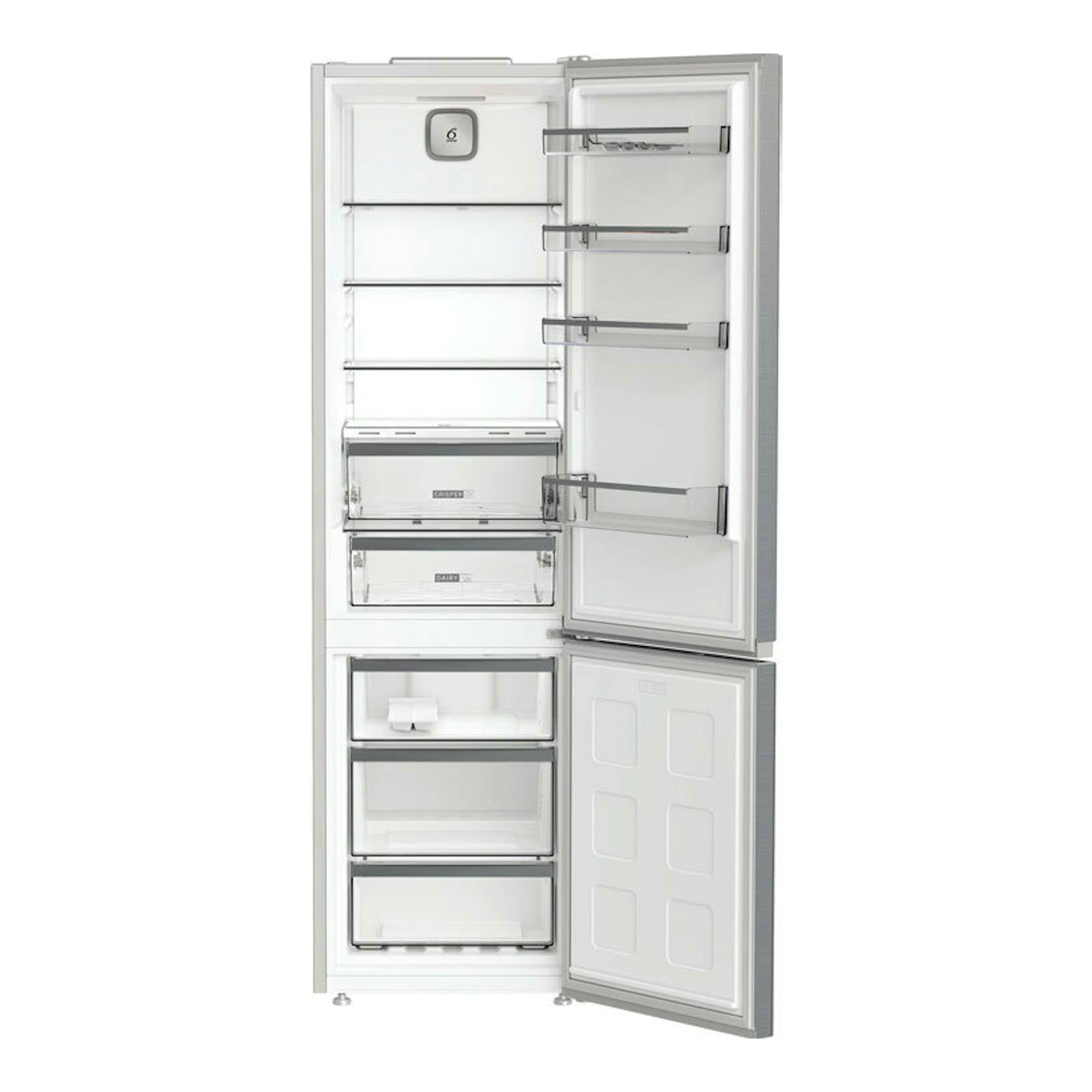 Frigorífico combi Whirlpool WHK26404XP5E en acabado inox, puertas abiertas, interior blanco visto de frente.