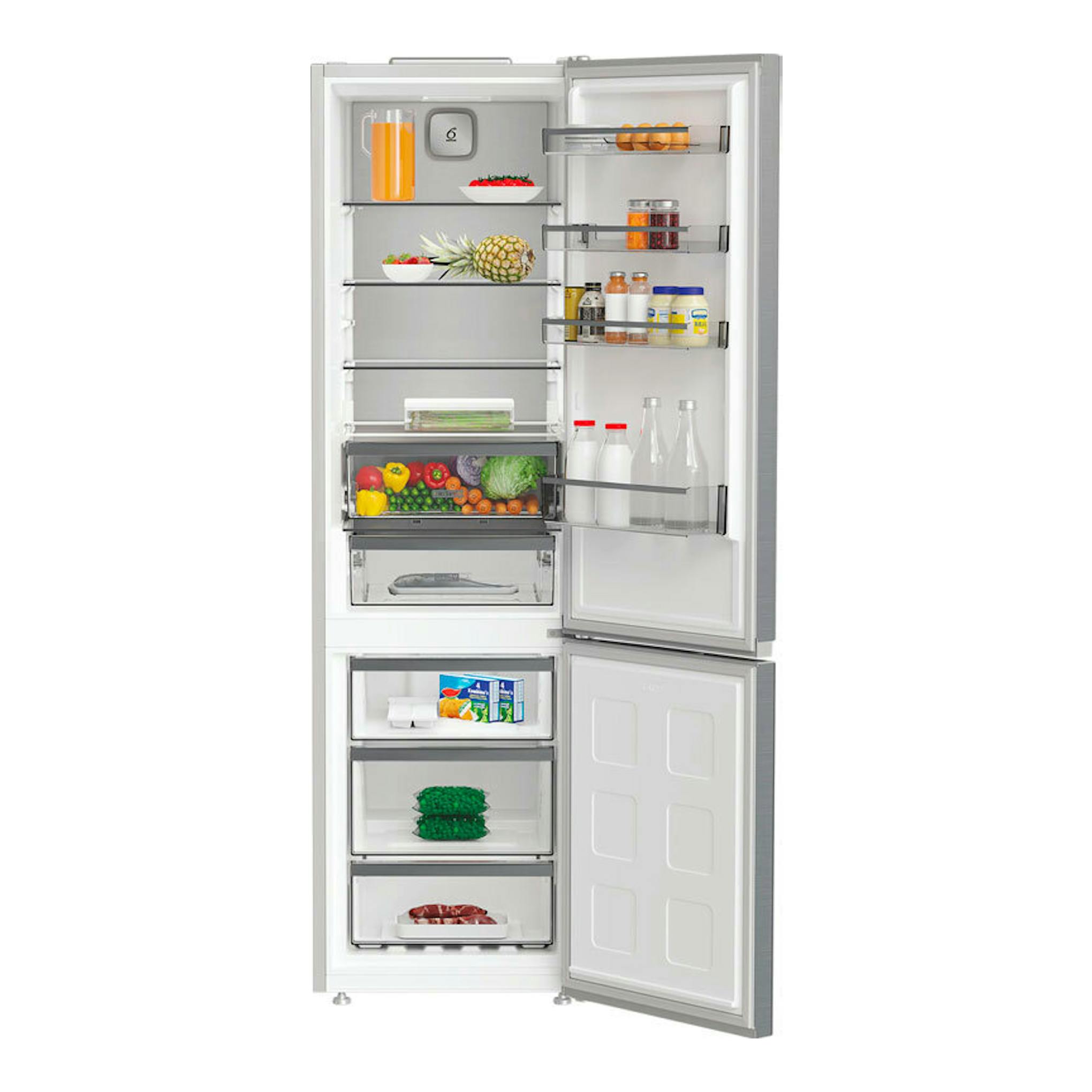 Frigorífico combi Whirlpool WHK26404XP7E Pearl Inox, vista frontal abierta, interior con alimentos.