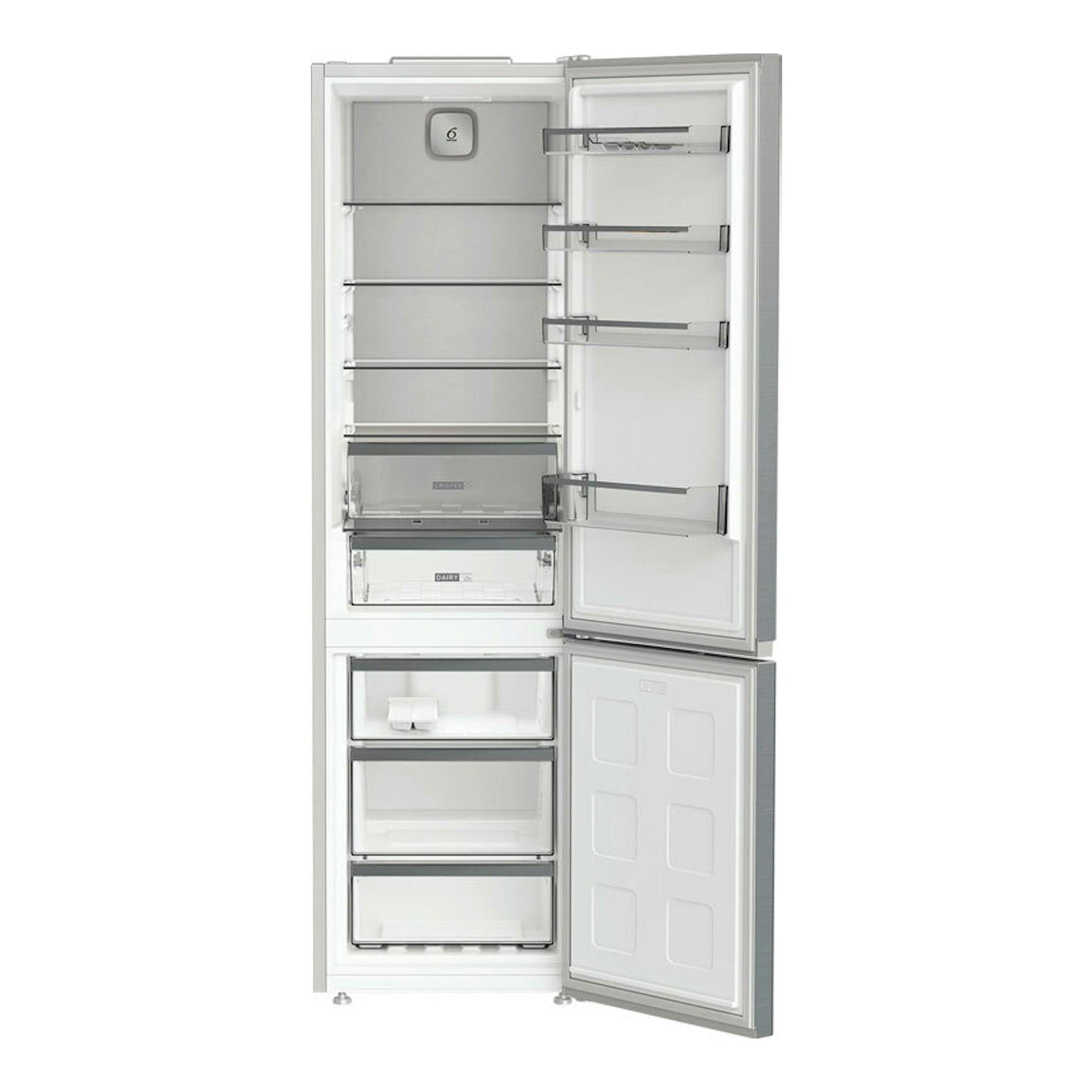 Frigorífico combi Whirlpool WHK26404XP7E en inox, visto de frente con puertas abiertas y cajones visibles.