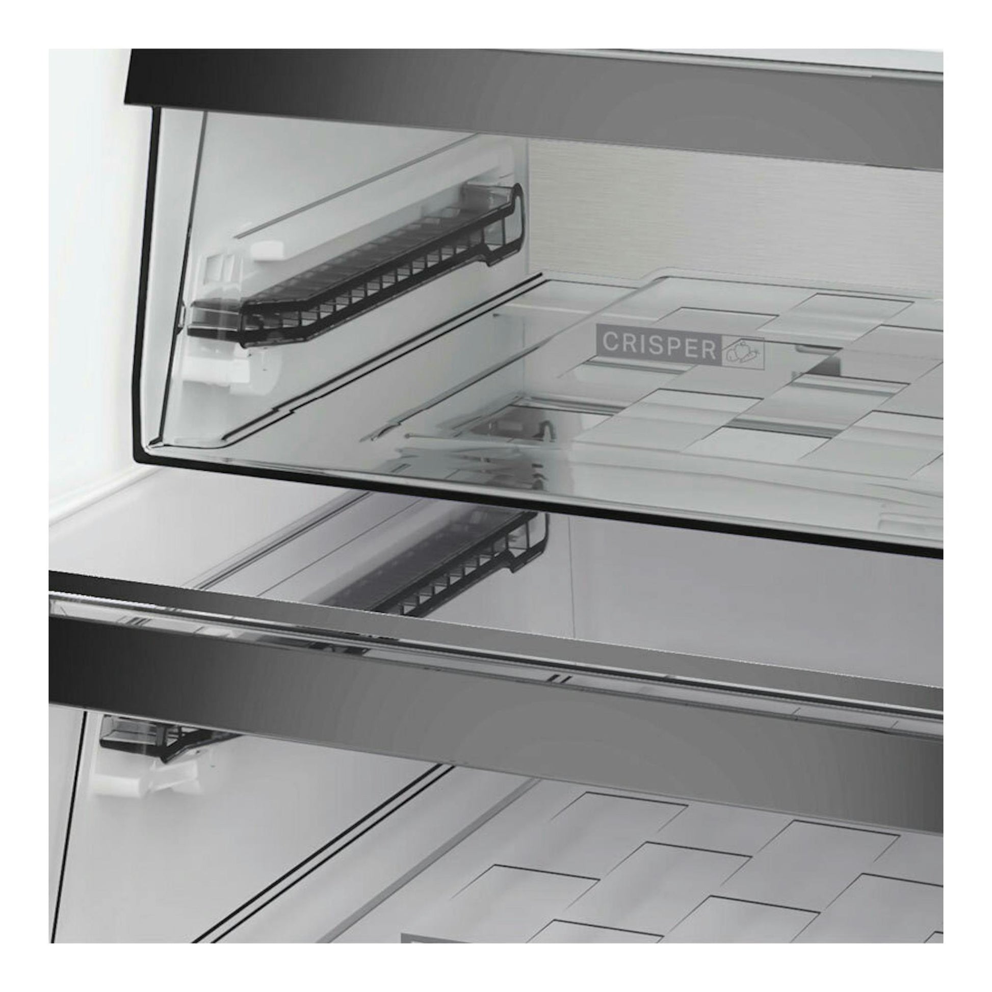 Interior de frigorífico combi Whirlpool WHK26404XP7E en inox, con cajones y baldas transparentes.