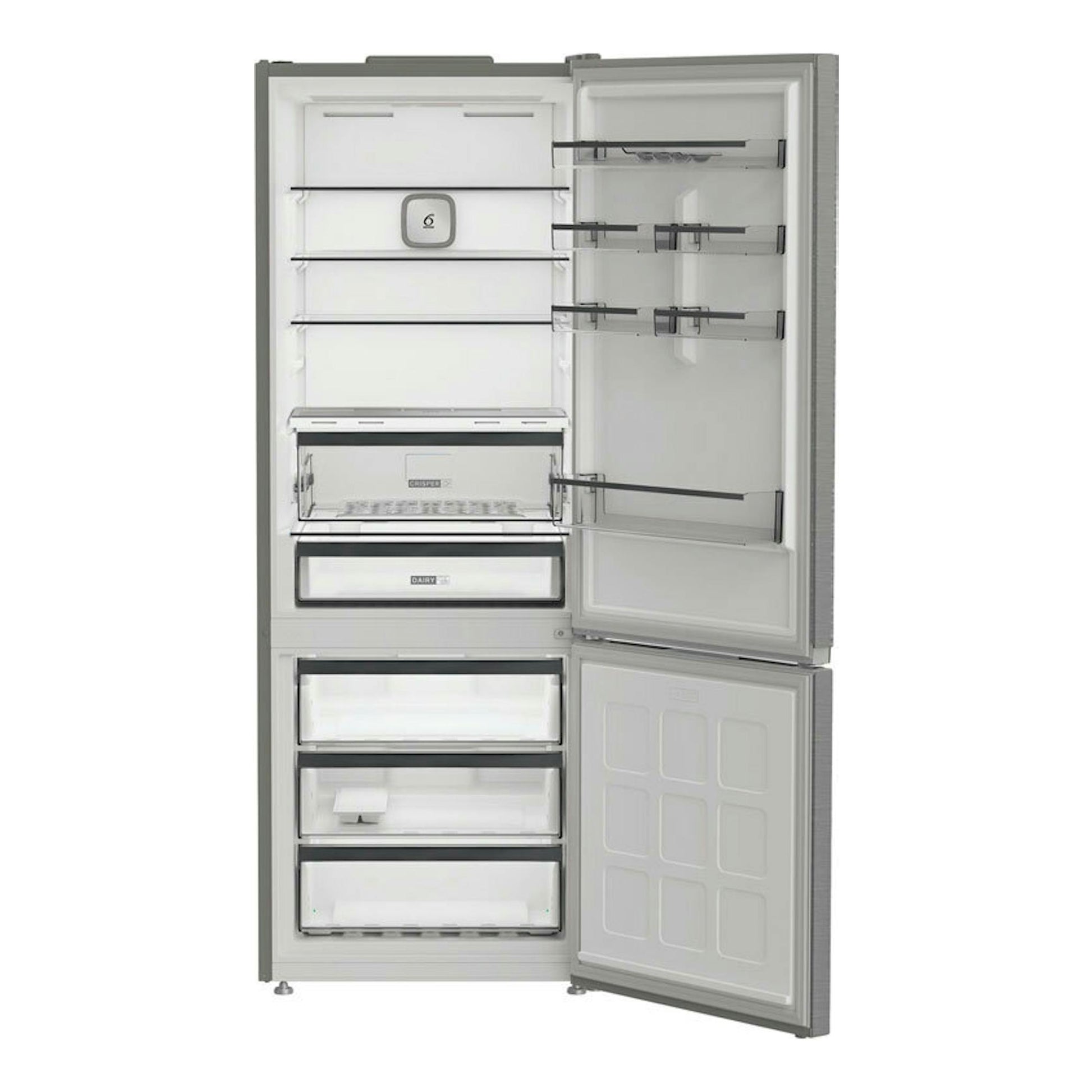 Frigorífico combi Whirlpool WHK26493X5E inox, vista frontal con puertas abiertas y compartimentos interiores.