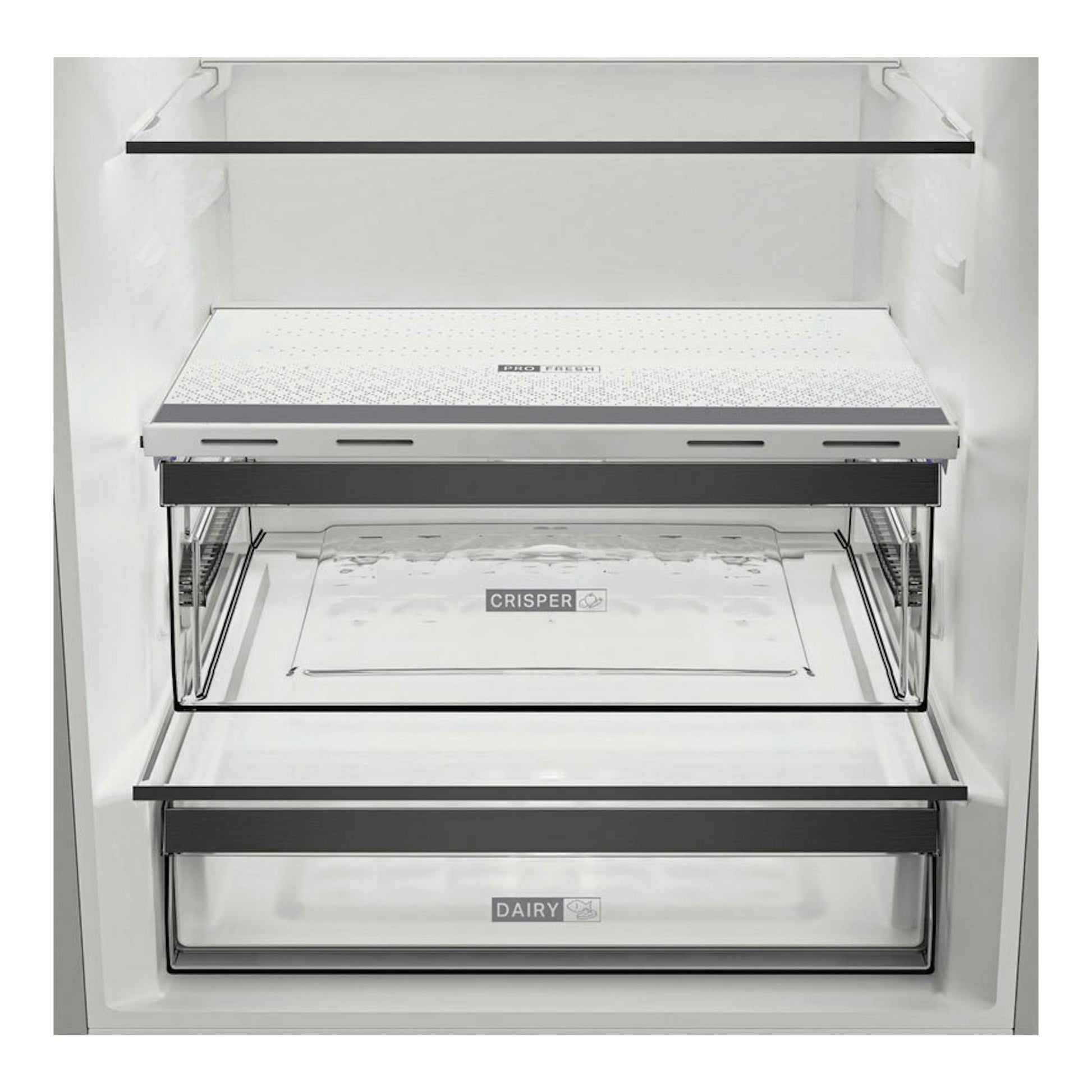 Interior de frigorífico combi Whirlpool WHK26493X5E inox, vista frontal con estantes y cajones transparentes.