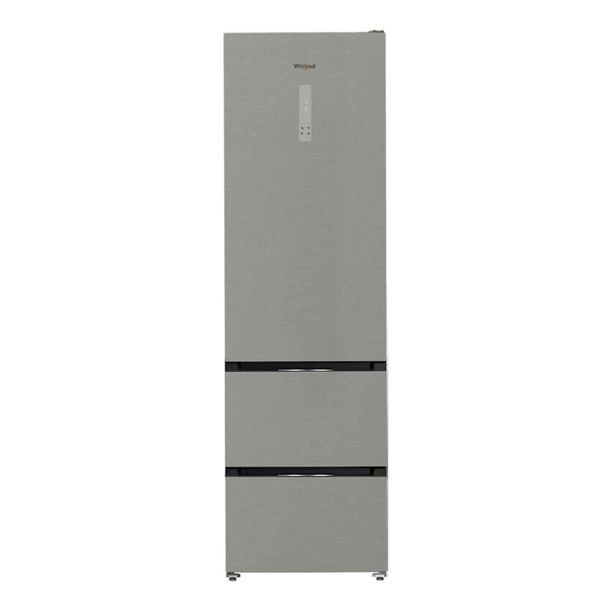 Frigorífico combi Whirlpool WHKF6352X5E inox, vista frontal, con puertas en acero cepillado.
