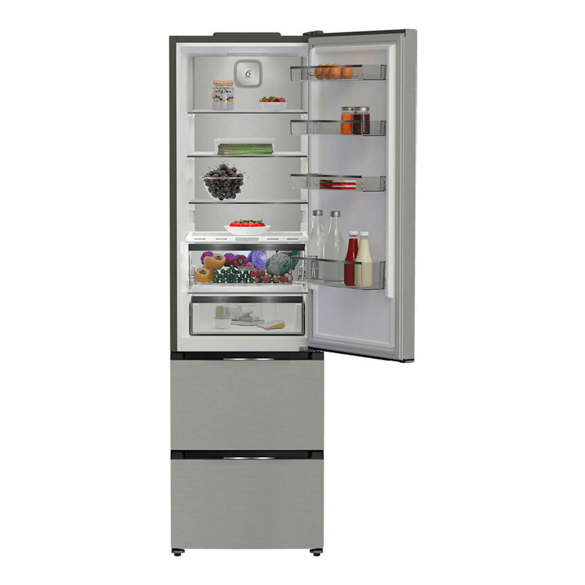 Frigorífico combi Whirlpool WHKF6352X5E inox, vista frontal con puerta derecha abierta y compartimentos interiores visibles.