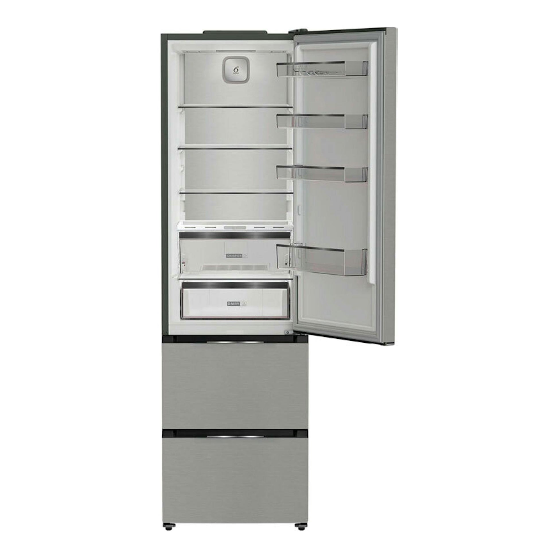 Frigorífico combi Whirlpool WHKF6352X5E inox, vista frontal con puerta abierta y cajones interiores.