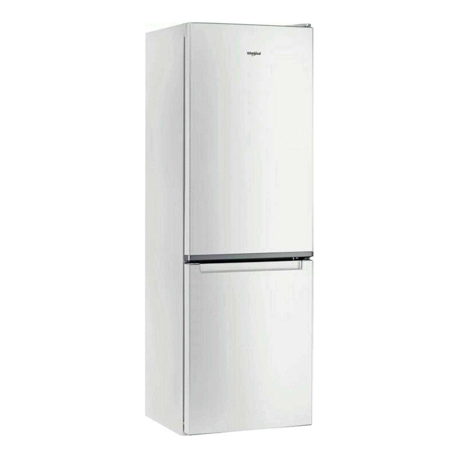 Frigorífico combi Whirlpool WNF 821 E W blanco, vista frontal en ángulo, con dos puertas.