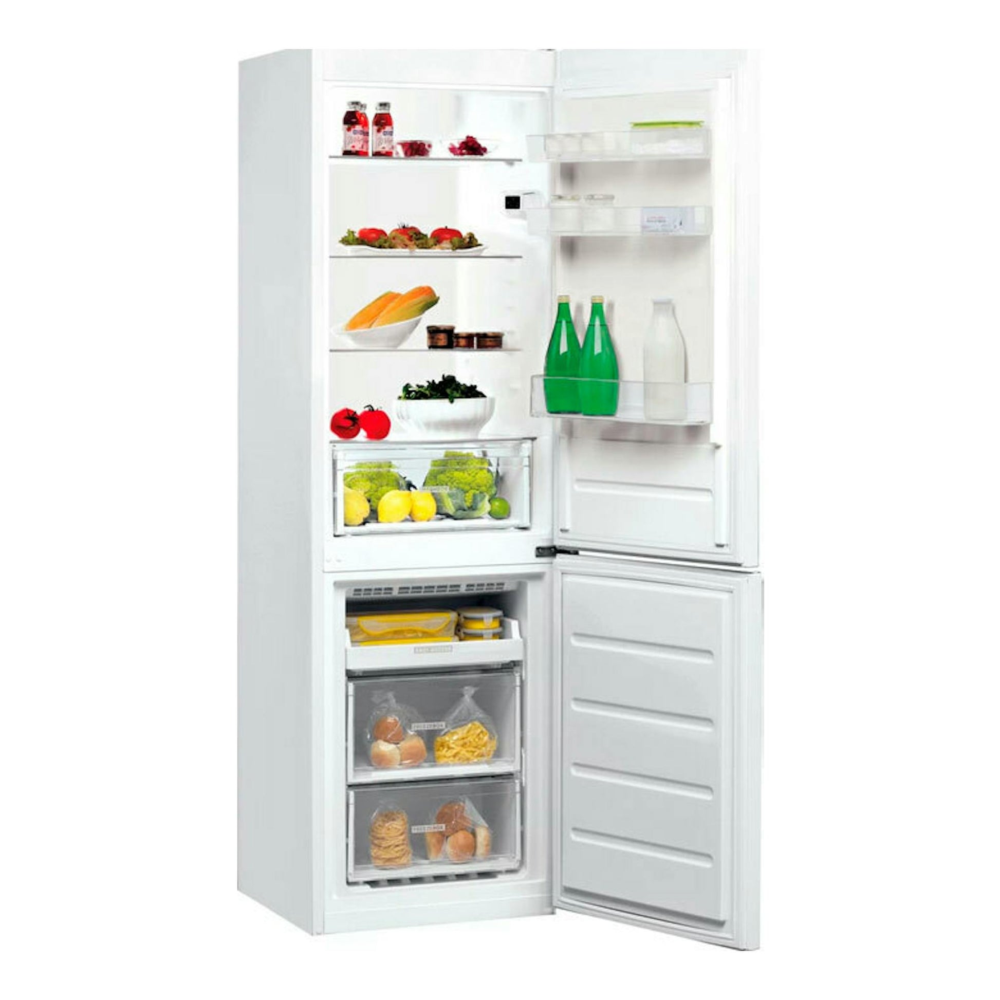 Frigorífico combi Whirlpool WNF 821 E W blanco, vista frontal abierta con puertas y cajones interiores.