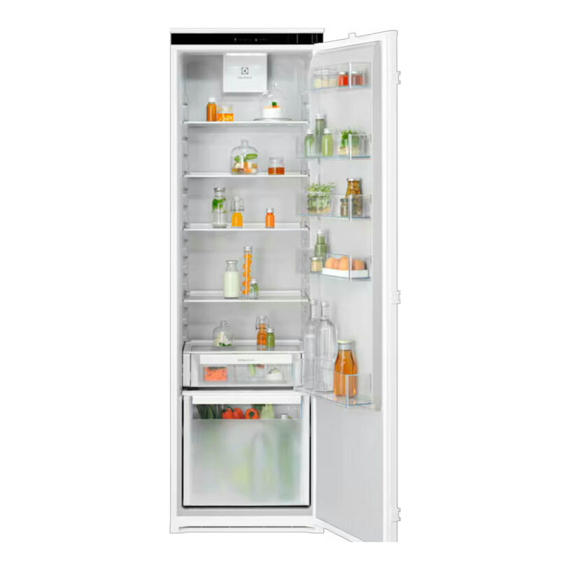 Frigorífico integrable Electrolux ERD6DE18S1, vista frontal con puerta abierta, interior blanco.