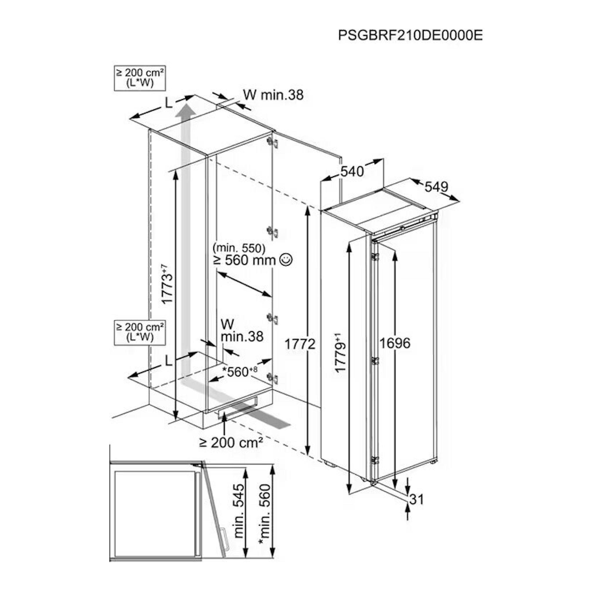 Diagrama técnico del frigorífico integrable Electrolux ERD6DE18S1, vistas frontal y lateral, con medidas.