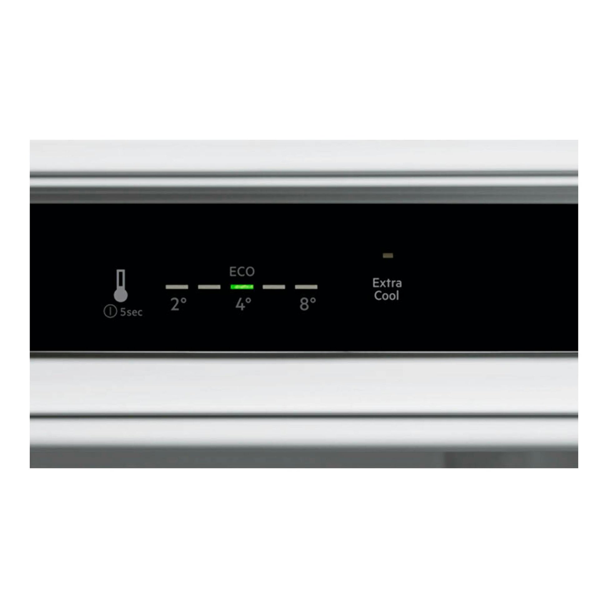 Panel de control negro de frigorífico integrable Electrolux ERD6DE18S1, con indicadores 2°, 4°, 8° y Extra Cool.