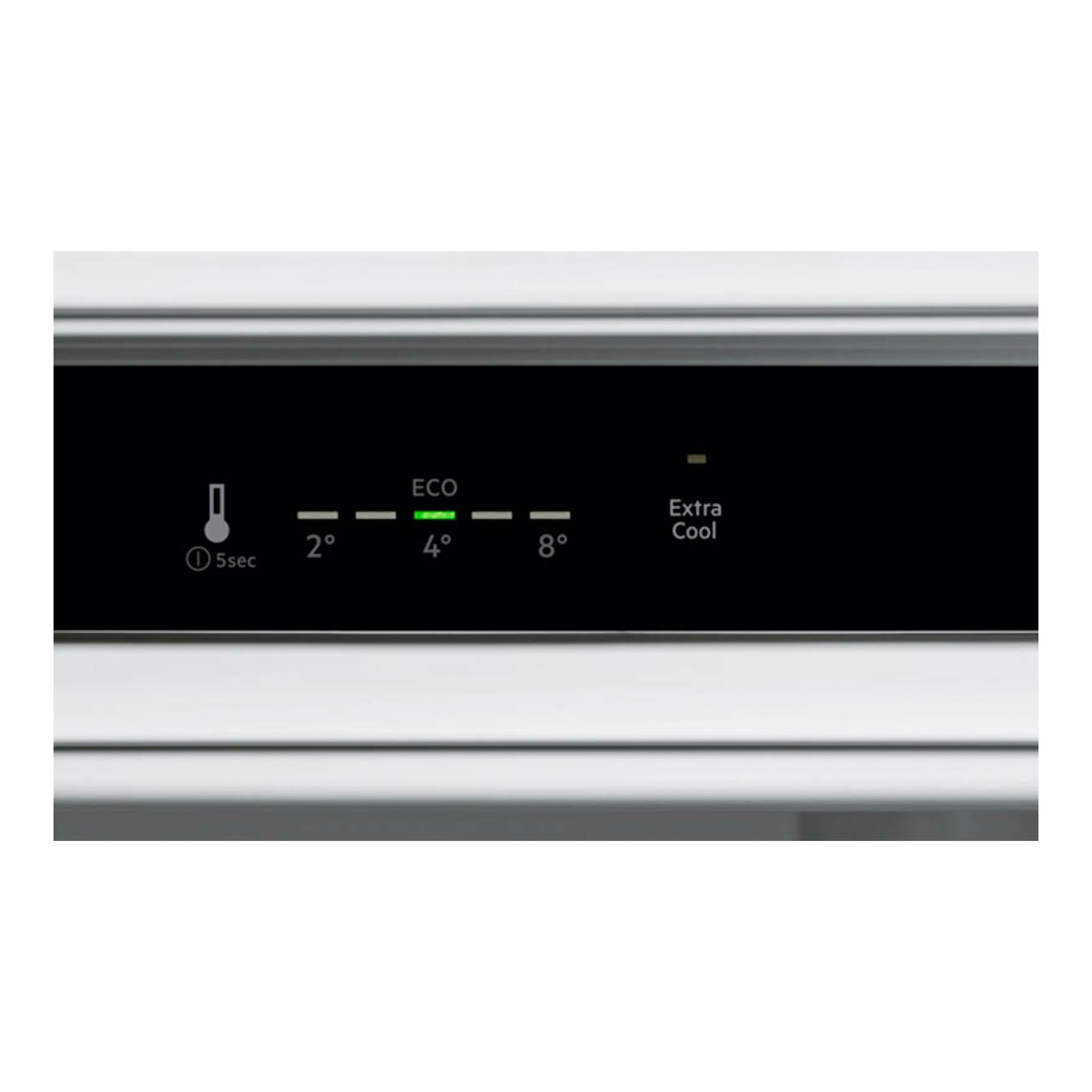 Panel de control negro de frigorífico integrable Electrolux ERD6DE18S1, con indicadores 2°, 4°, 8° y Extra Cool.