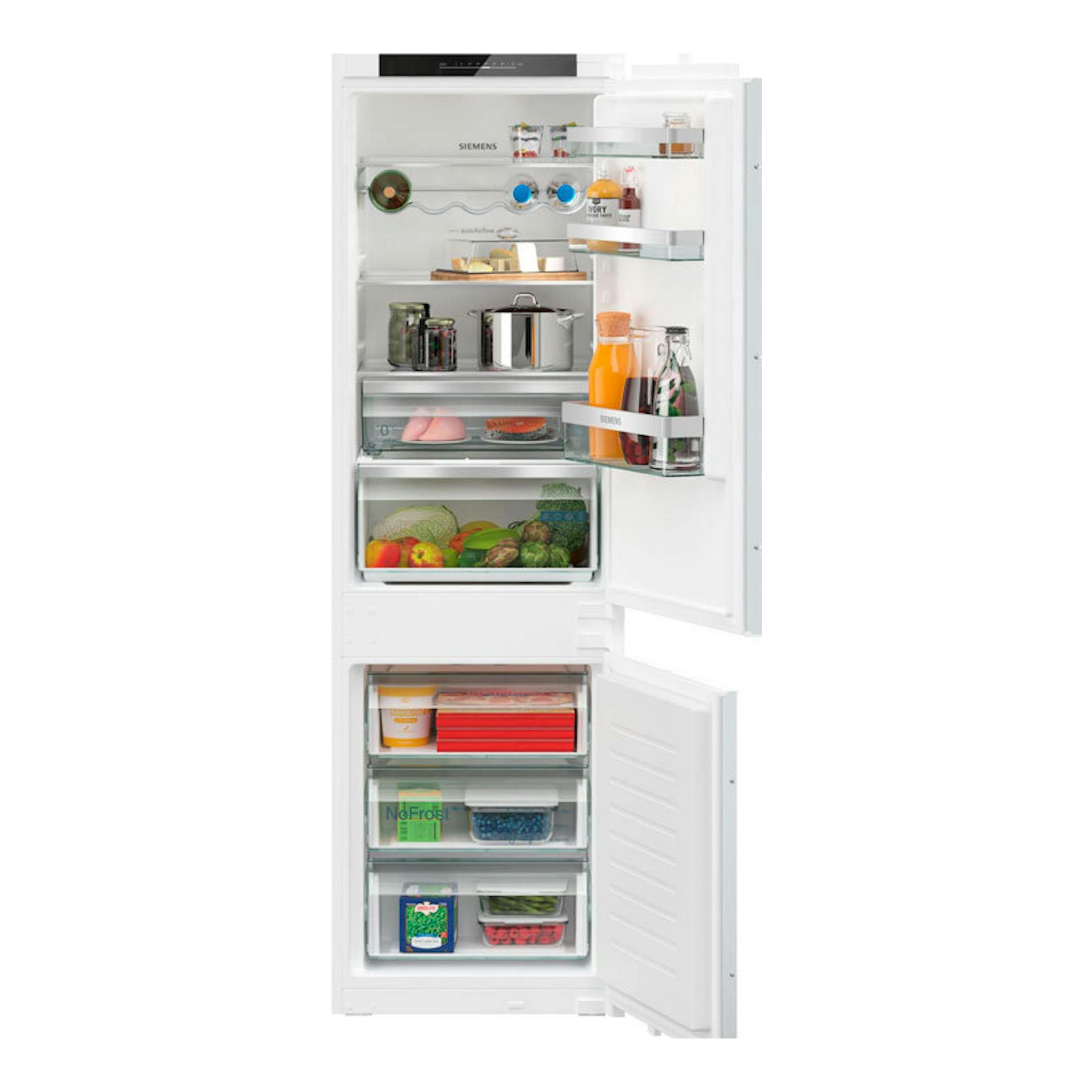 Frigorífico combi integrable Siemens KI86NVSE0 blanco, vista frontal, con puertas abiertas e interior visible.