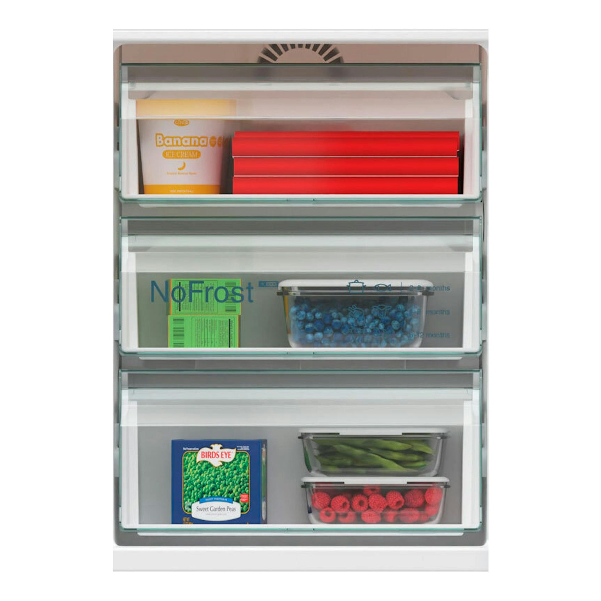 Frigorífico integrable Siemens KI86NVSE0, interior con tres cajones transparentes y alimentos.
