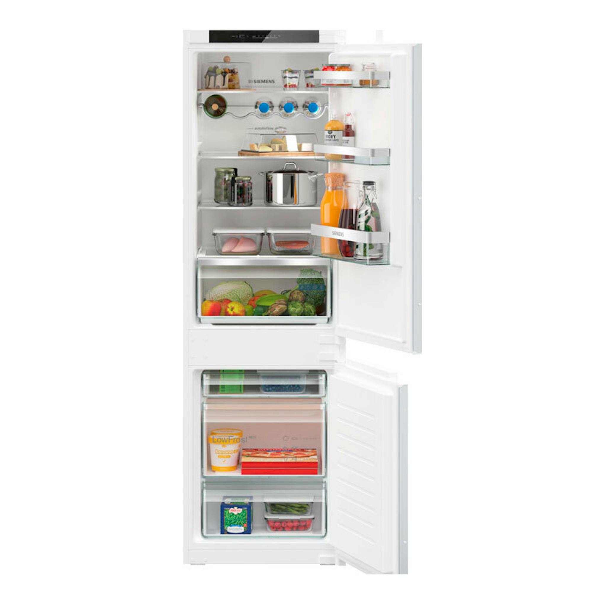 Frigorífico combi integrable Siemens KI86VVSE0, blanco, visto de frente con puertas abiertas y alimentos dentro.