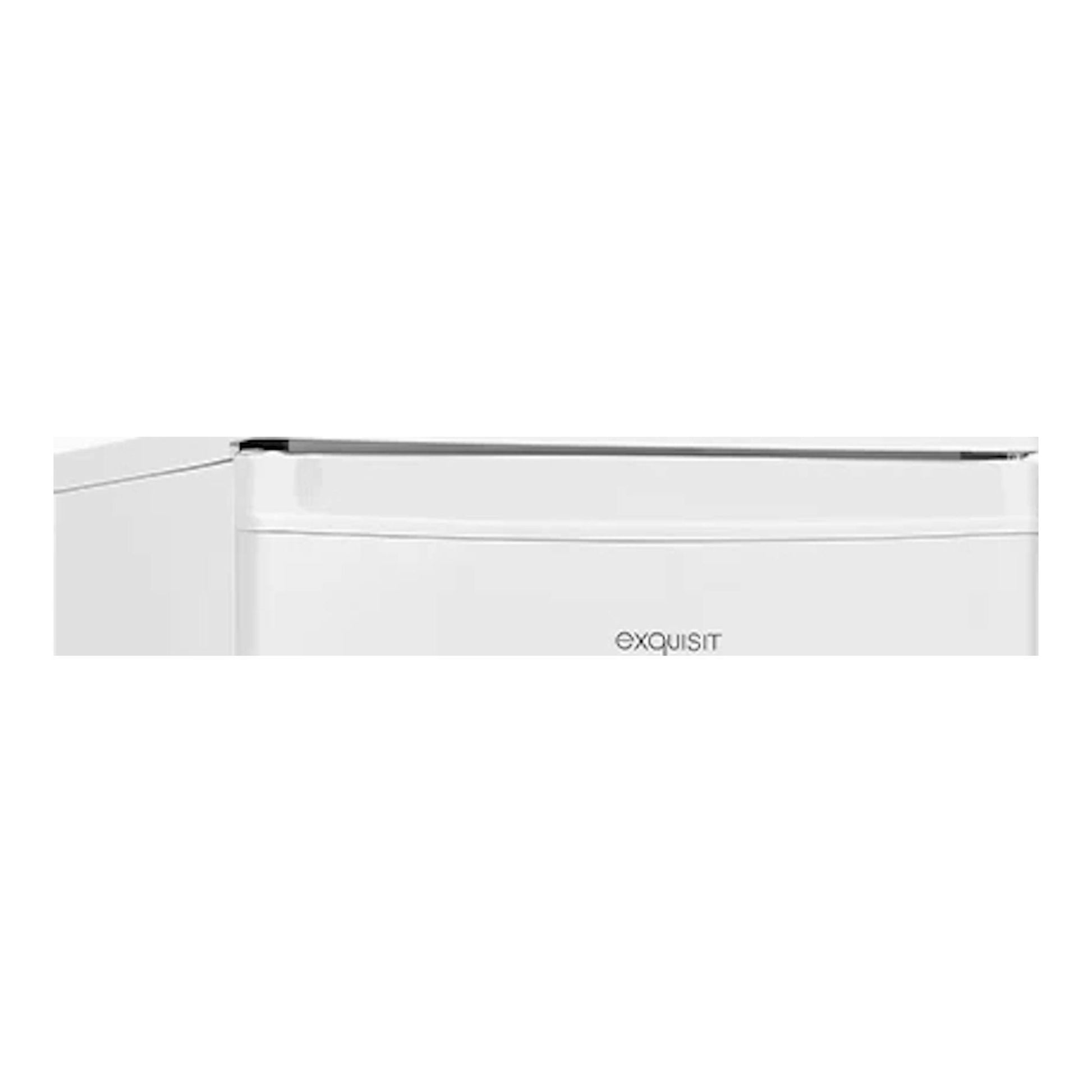 Frigorífico pequeño Exquisit KS85-V-091E blanco, vista frontal en tres cuartos.