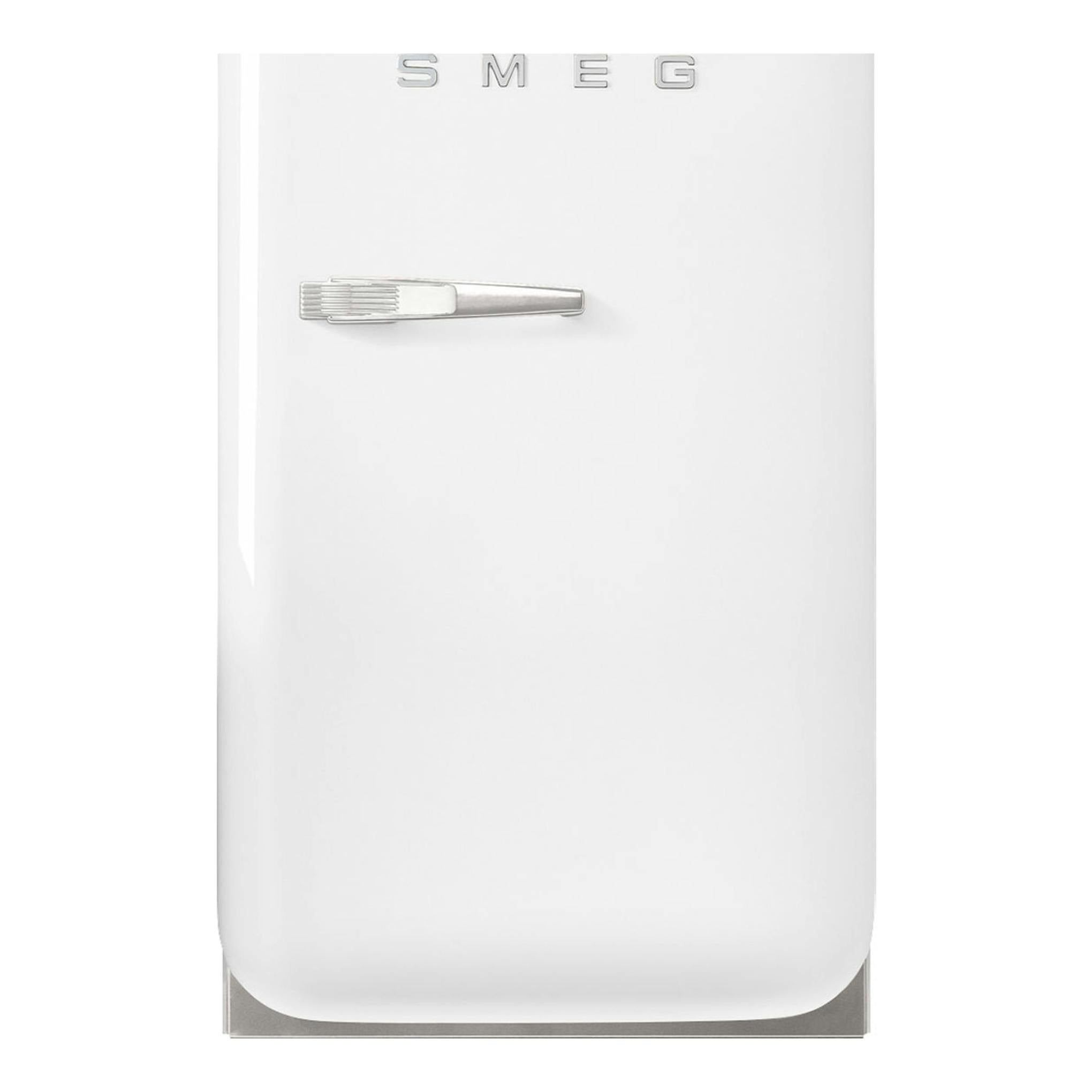 Frigorífico compacto Smeg FAB5RWH5 blanco, vista frontal, con logo Smeg y tirador metálico.