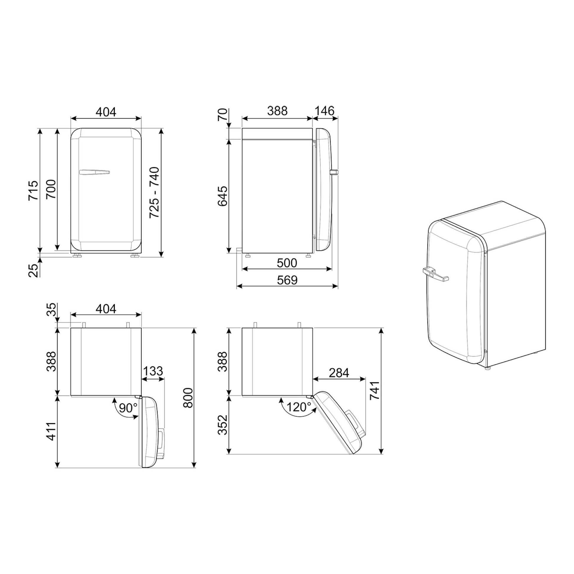 Plano técnico del frigorífico Smeg FAB5RWH5 blanco, con vistas frontal, lateral e isométrica y medidas.