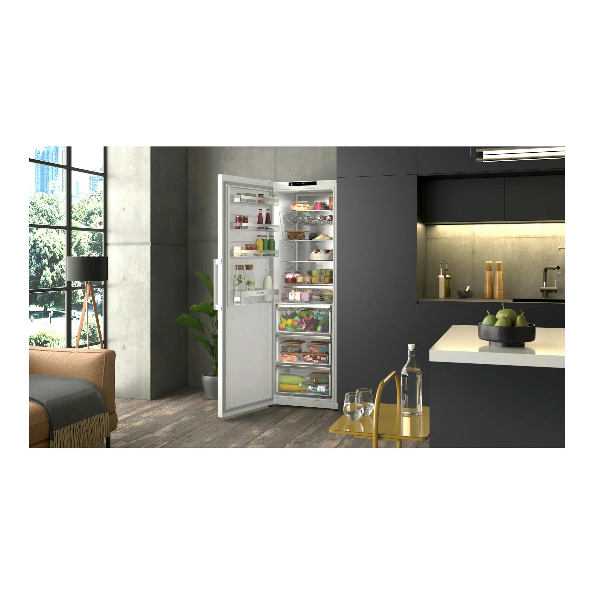 Frigorífico Siemens KS36NVWCG blanco, puerta abierta, vista frontal en cocina moderna.
