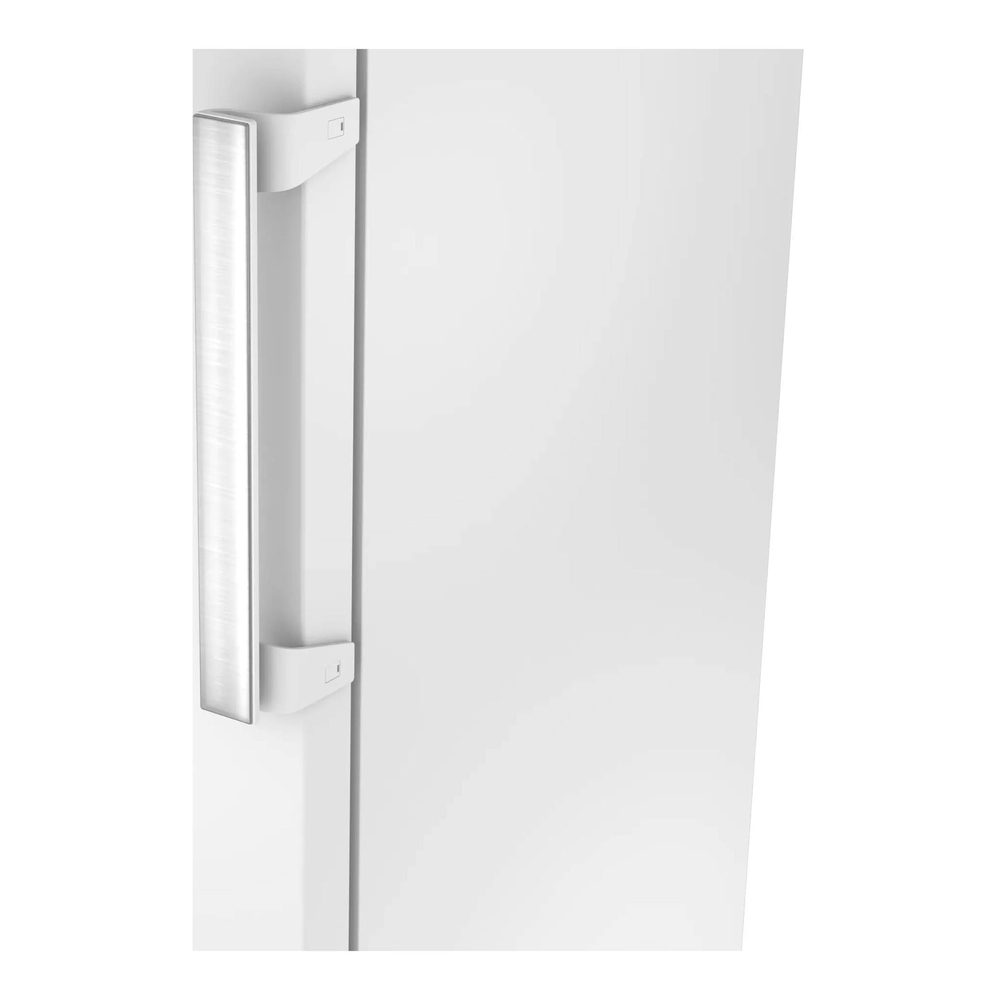 Frigorífico Siemens KS36NVWCG blanco, vista frontal de cerca con tirador vertical plateado.