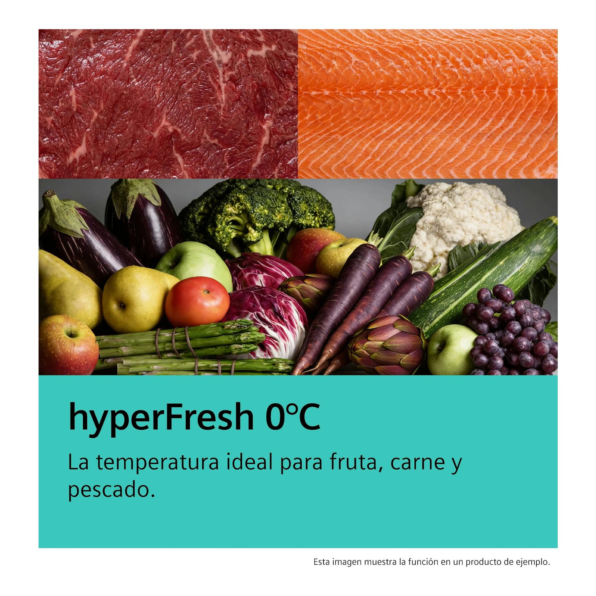 Gráfico promocional de Siemens KS36NVWCG con carnes, pescado, frutas y verduras; texto “hyperFresh 0°C”.