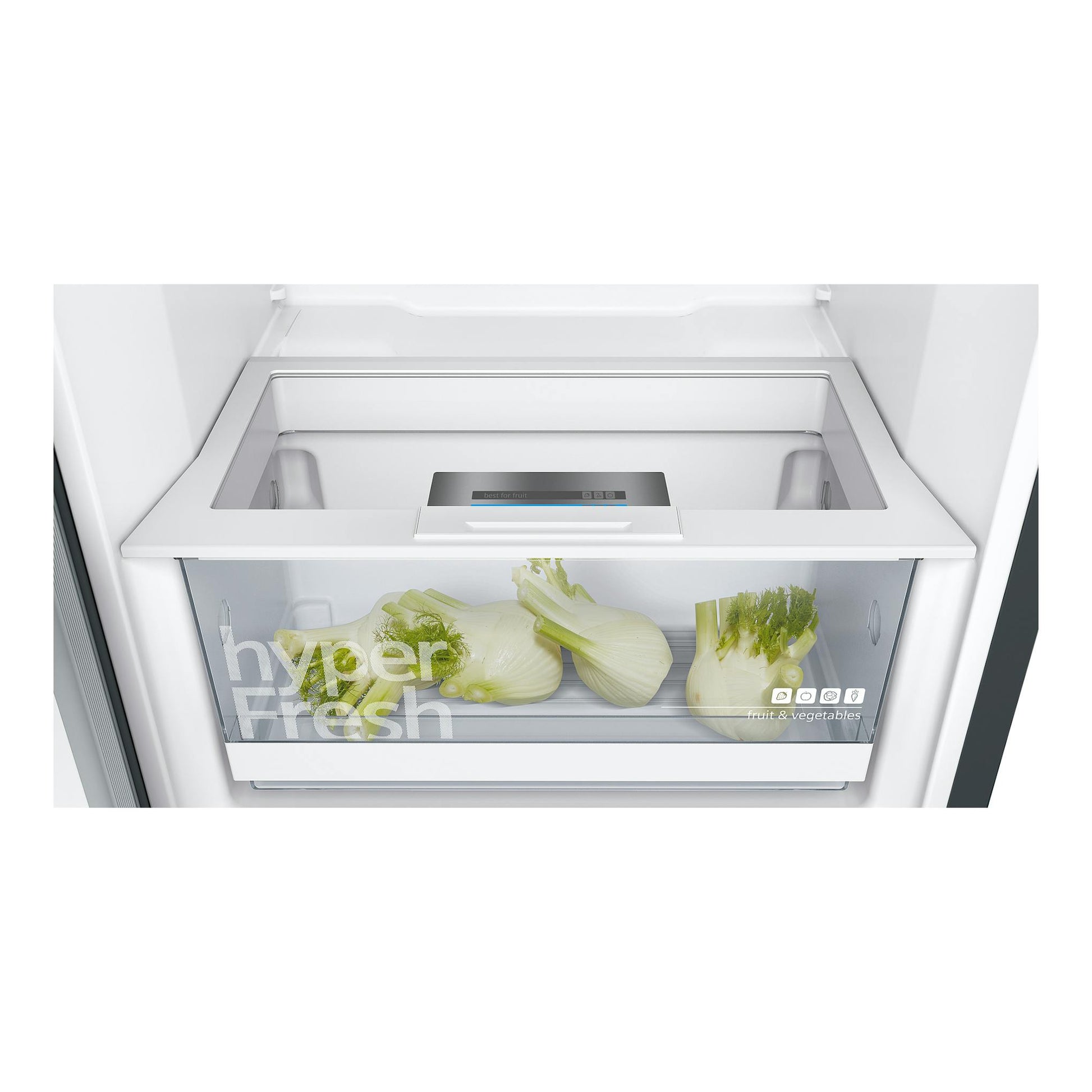 Interior de frigorífico Siemens KS36VVXDP con cajón HyperFresh para fruta y verdura, vista frontal.