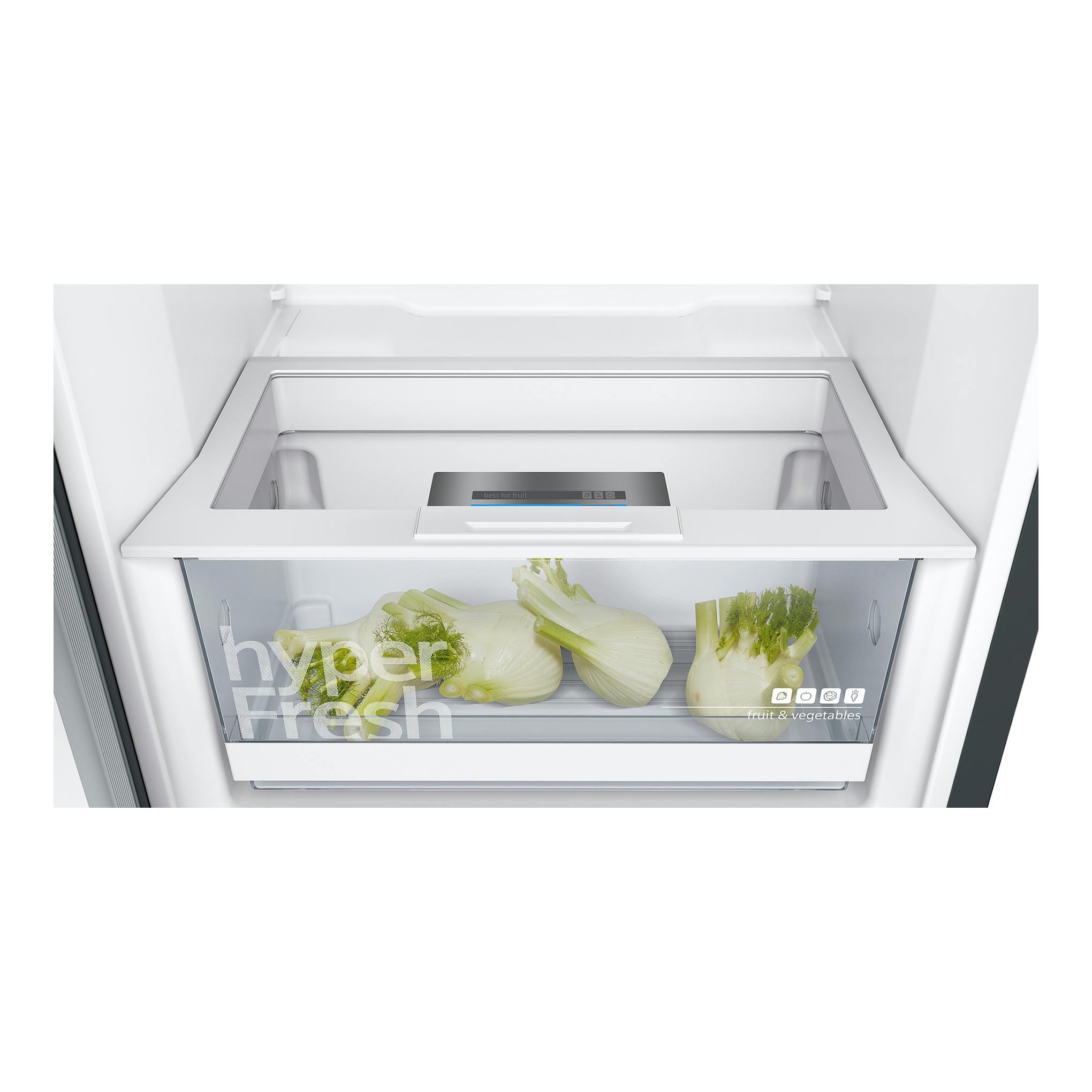 Interior de frigorífico Siemens KS36VVXDP con cajón HyperFresh para fruta y verdura, vista frontal.
