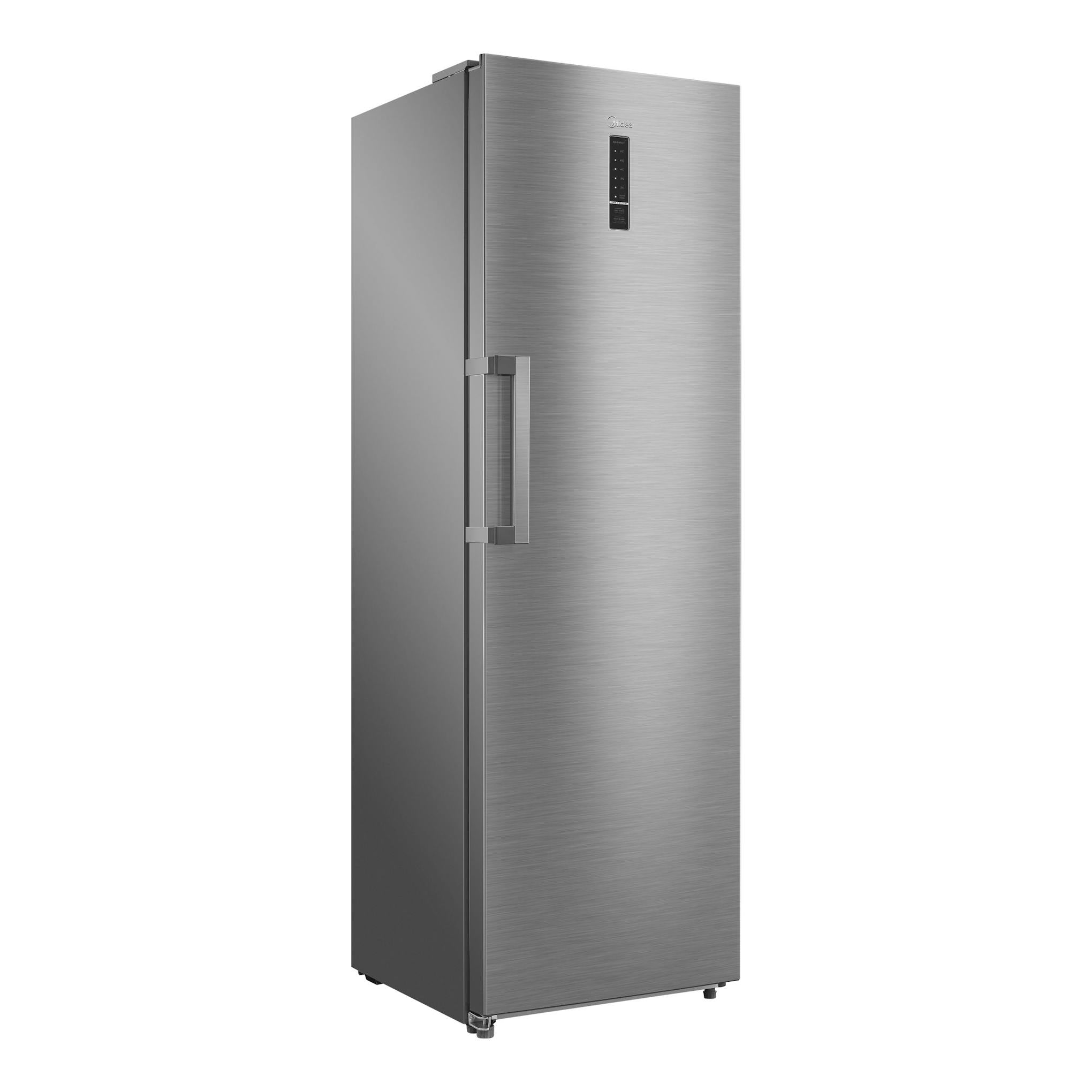 Frigorífico Midea MDRU502MTE46 de una puerta, acabado inox, visto en ángulo frontal izquierdo.