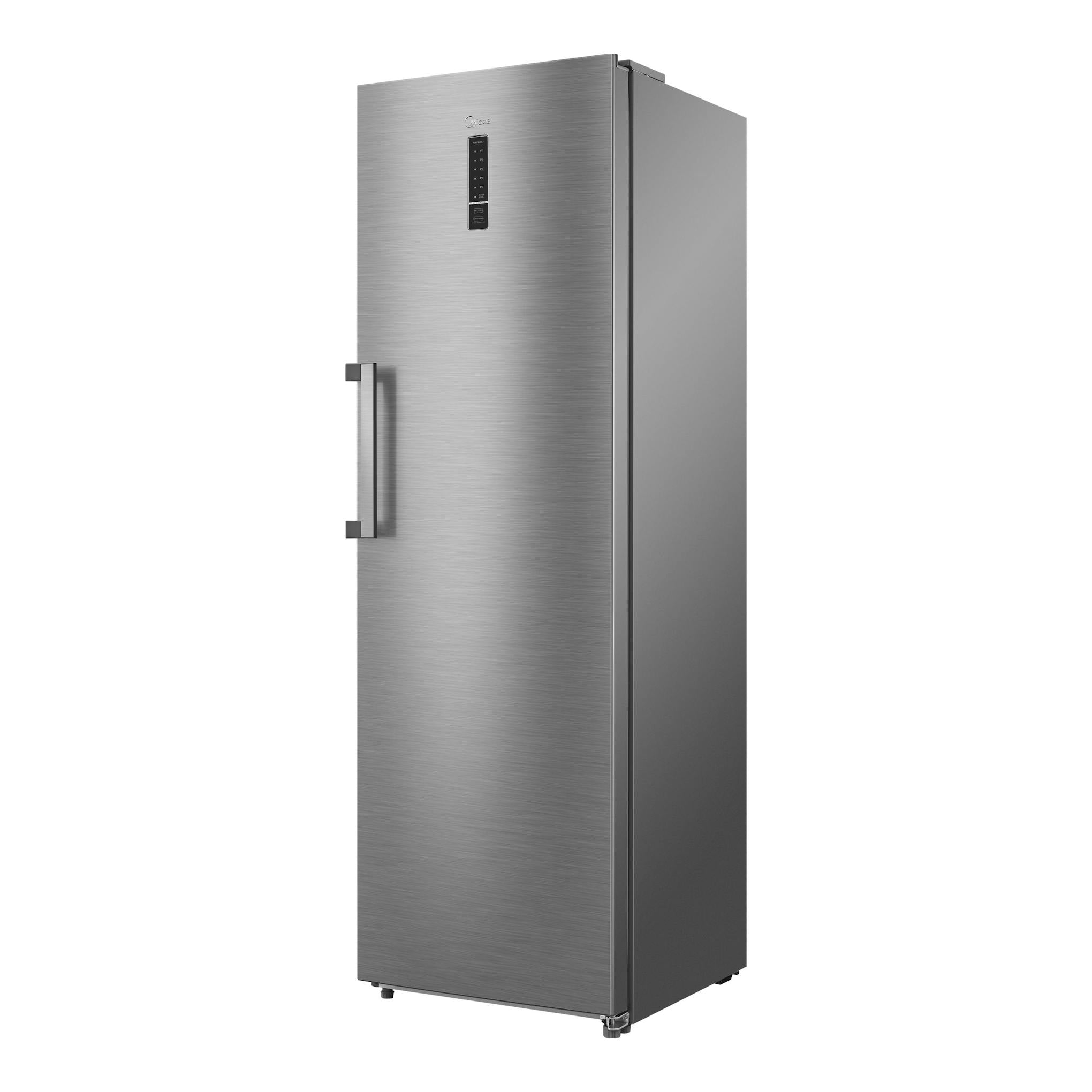 Frigorífico Midea MDRU502MTE46 de una puerta, acabado inox, vista frontal en ángulo.