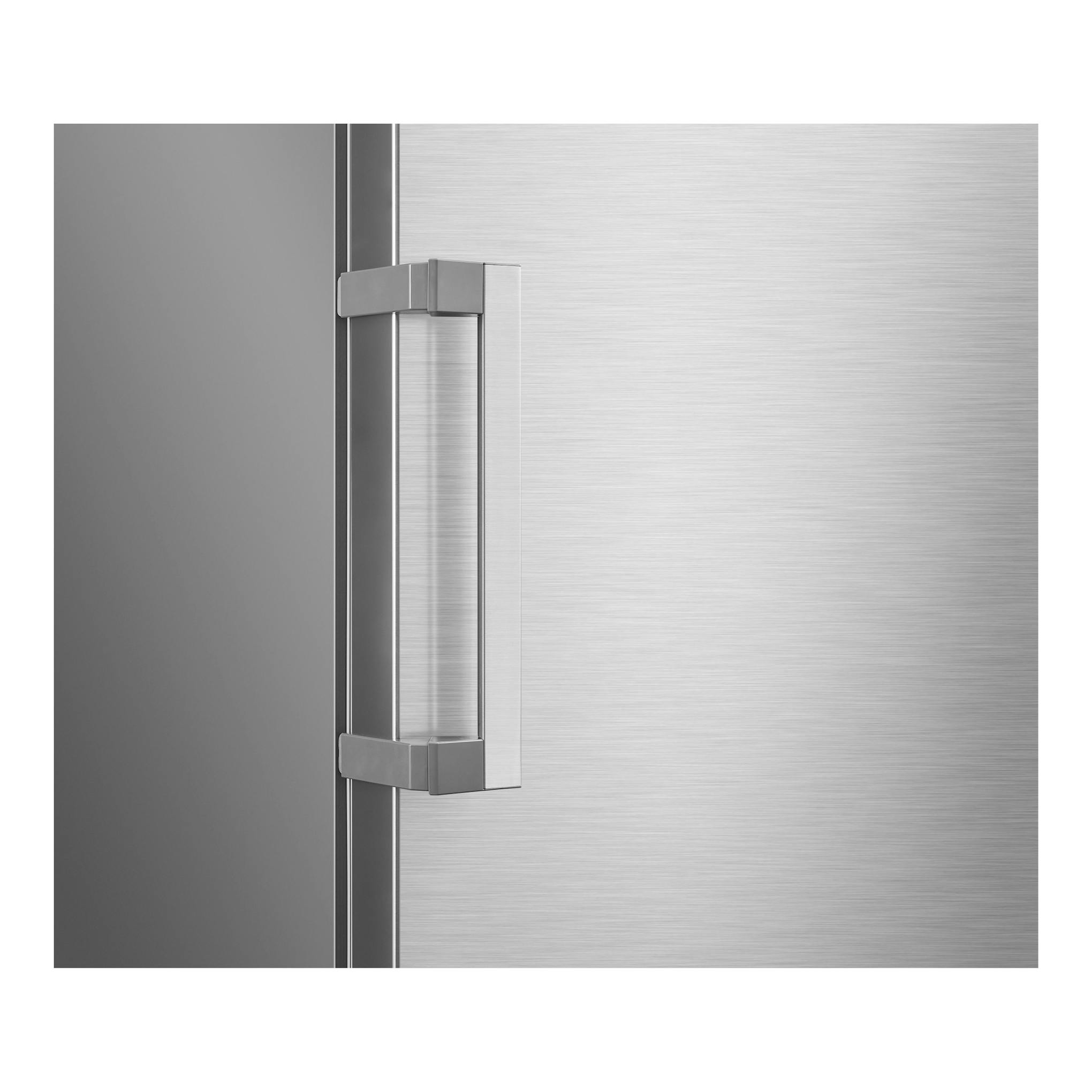 Frigorífico Midea MDRU502MTE46 en inox, vista frontal parcial con asa vertical de acero cepillado.