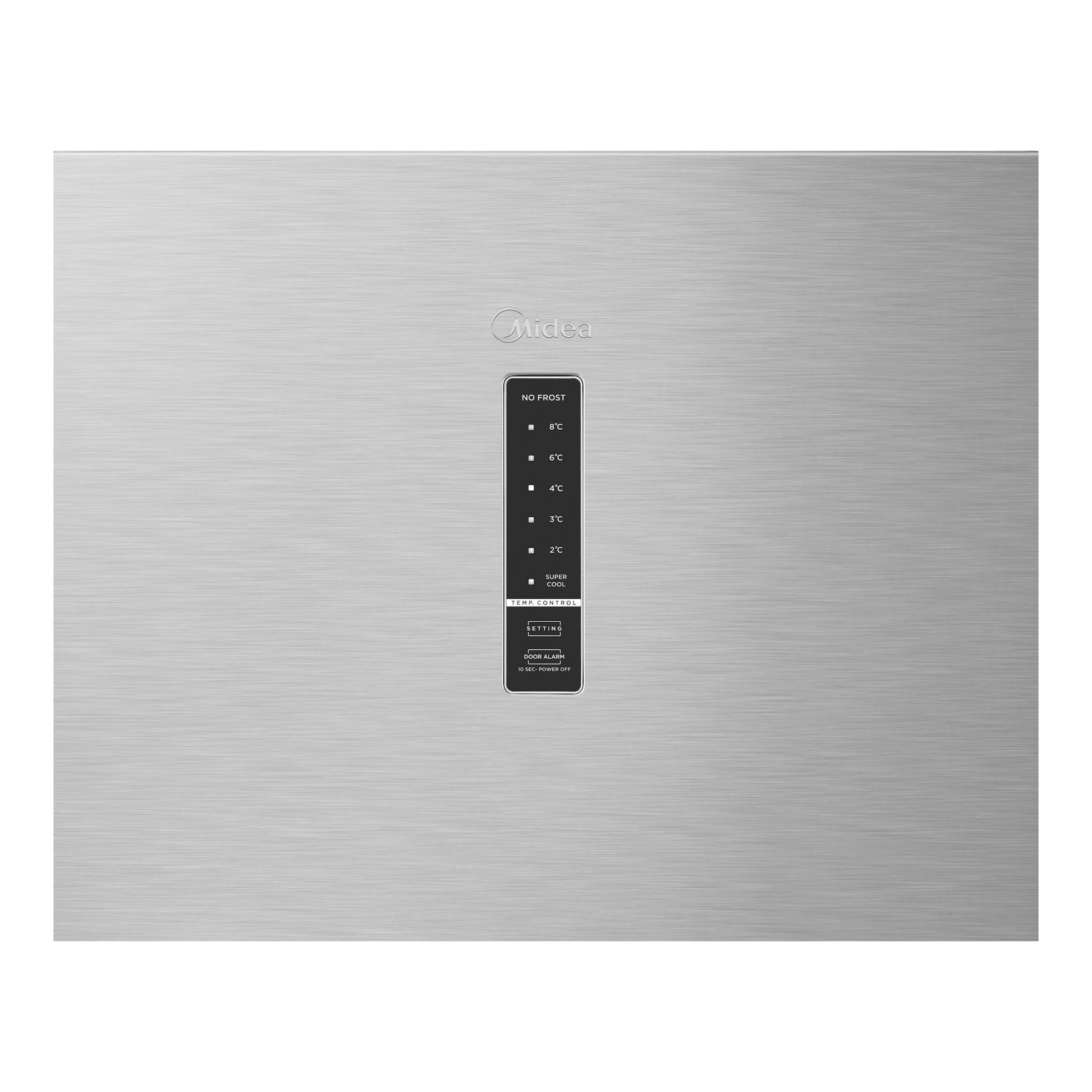 Frigorífico Midea MDRU502MTE46 de una puerta, acabado inox, vista frontal con panel de control central.