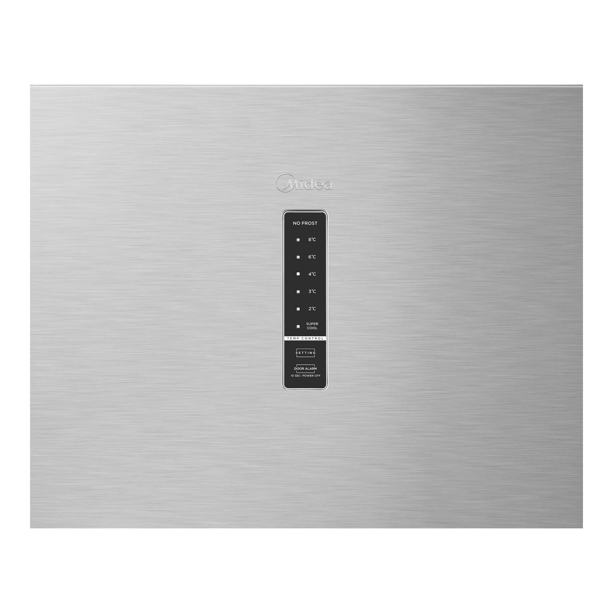 Frigorífico Midea MDRU502MTE46 de una puerta, acabado inox, vista frontal con panel de control central.
