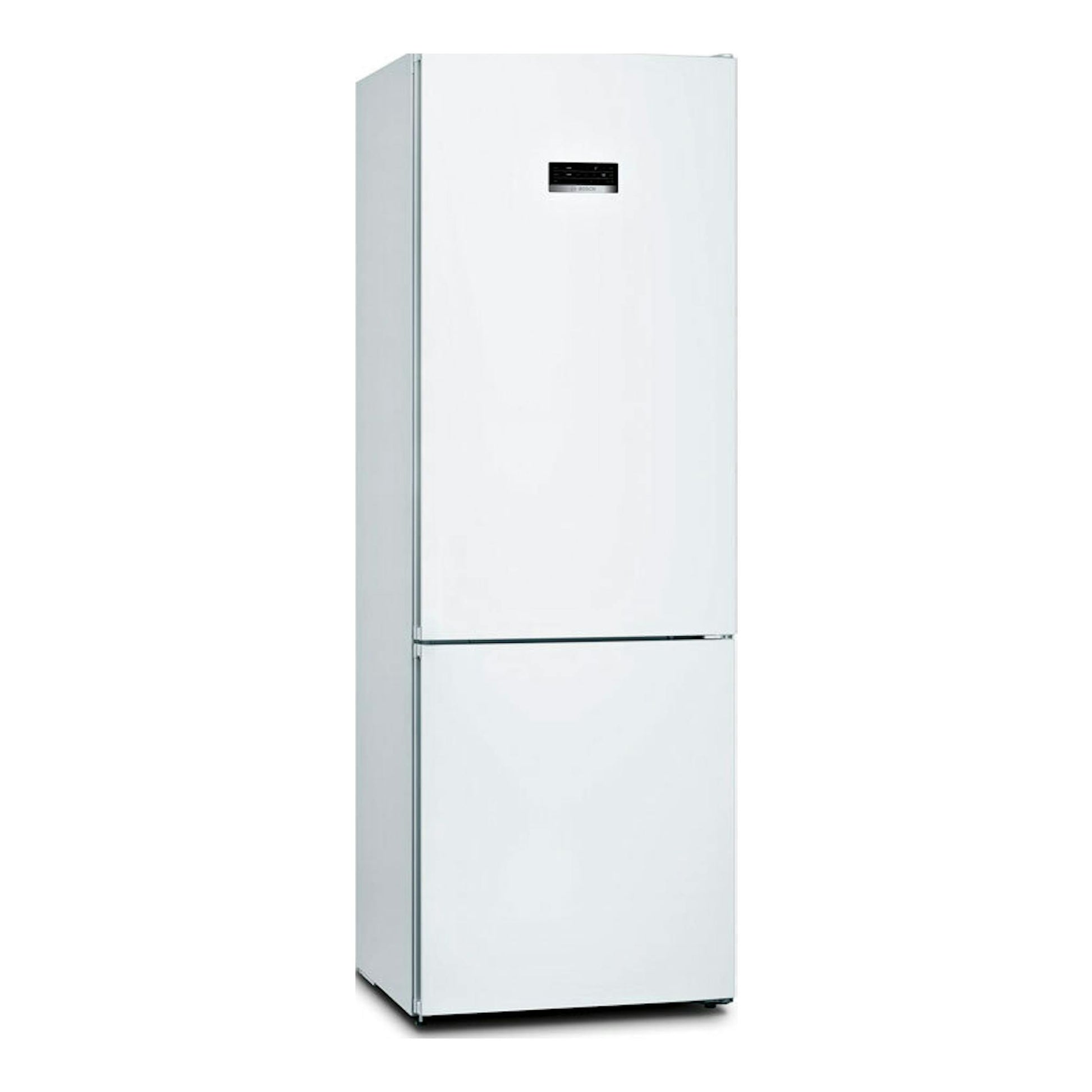 Frigorífico combi Bosch KGN493WDA blanco, vista frontal en ángulo, con panel negro en la puerta superior.