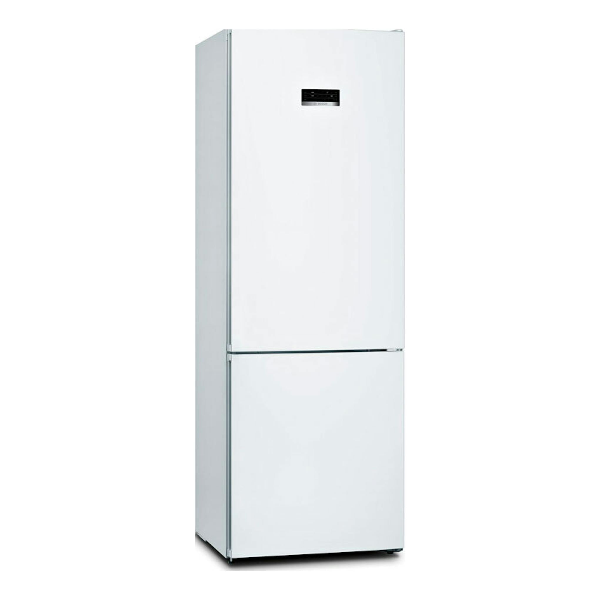 Frigorífico combi Bosch KGN493WDA blanco, vista frontal en ángulo, con panel negro en la puerta superior.
