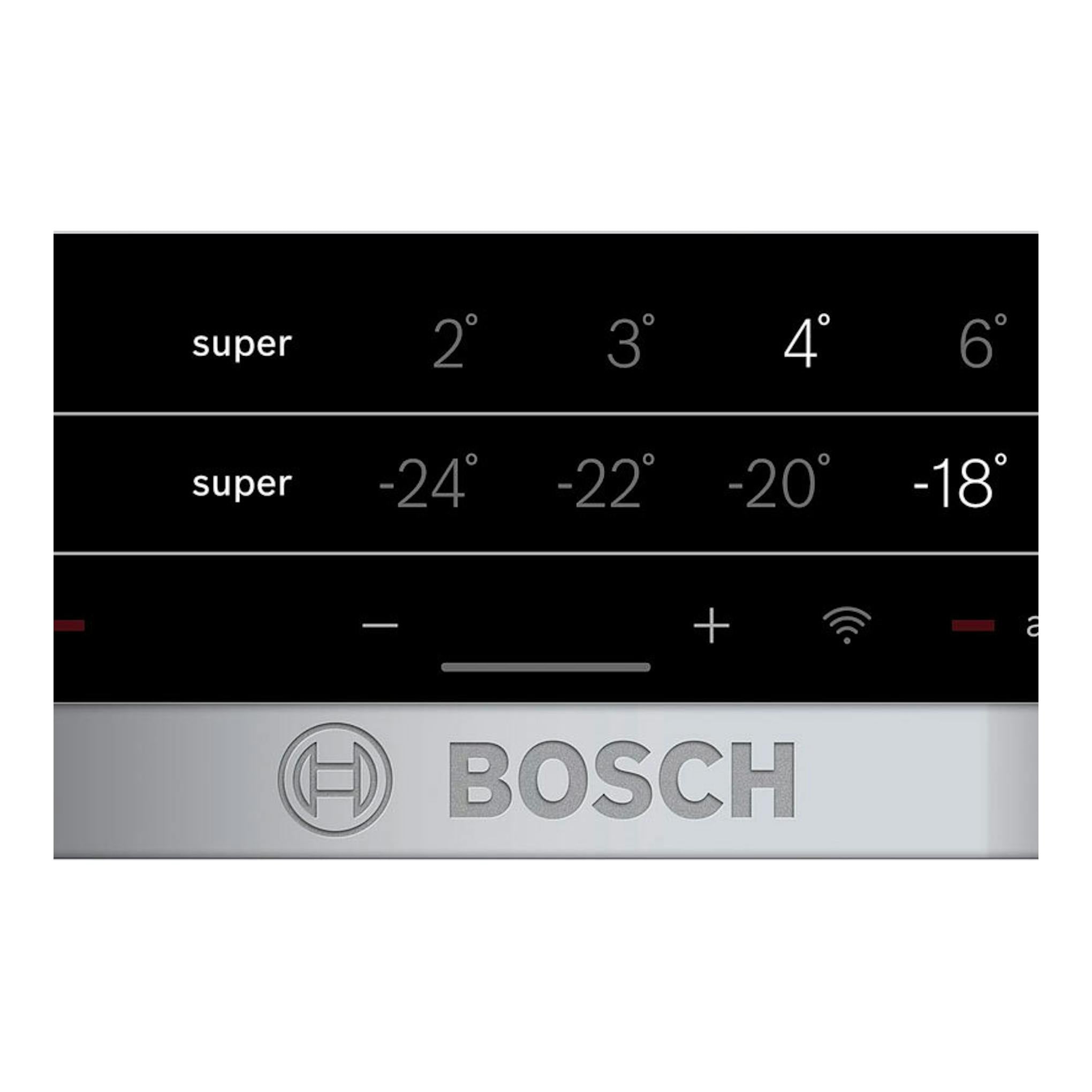 Panel de control de frigorífico Bosch KGN493WDA, con temperaturas en pantalla y símbolo Wi‑Fi.