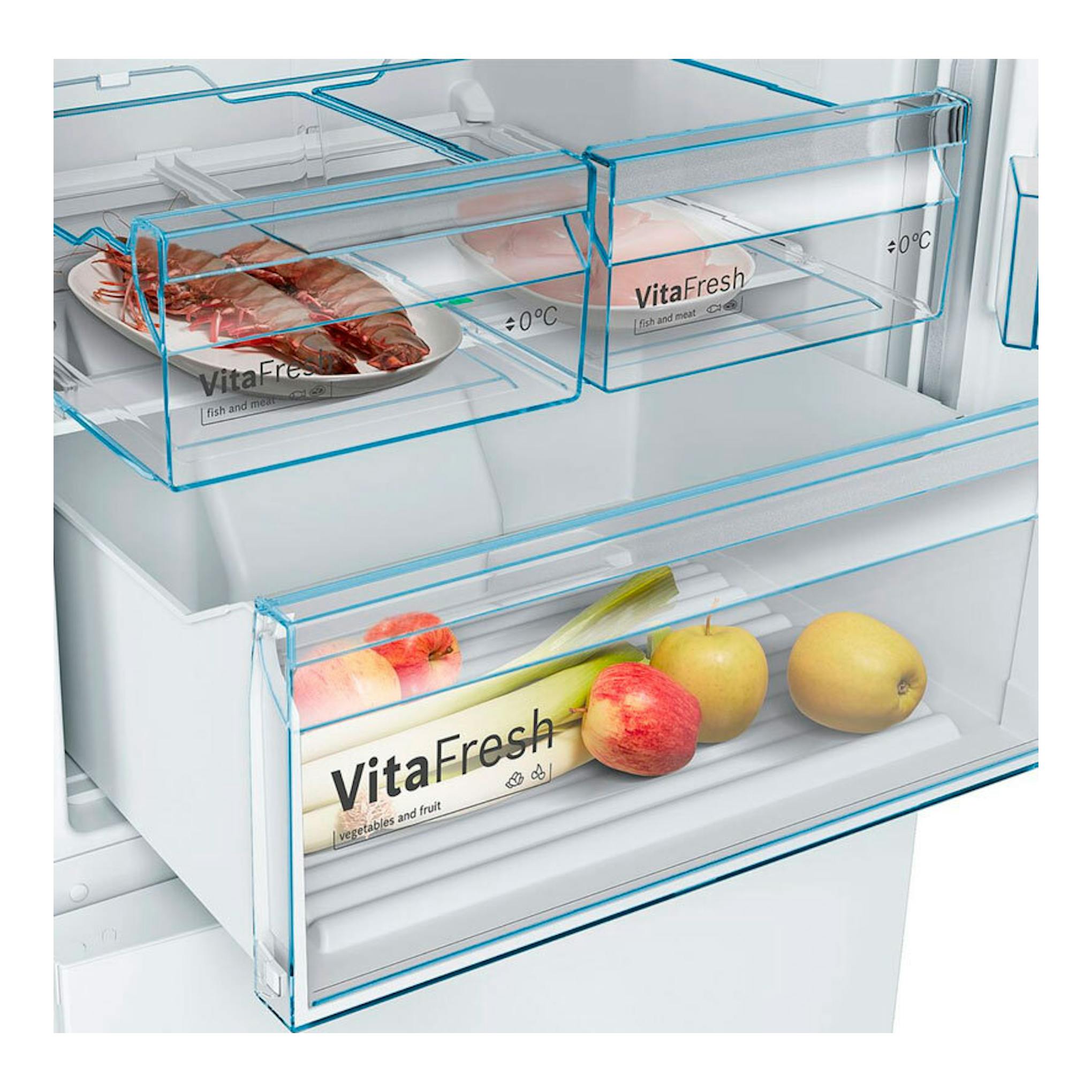 Interior de frigorífico Bosch KGN493WDA blanco, con cajones VitaFresh para carne y frutas/verduras.