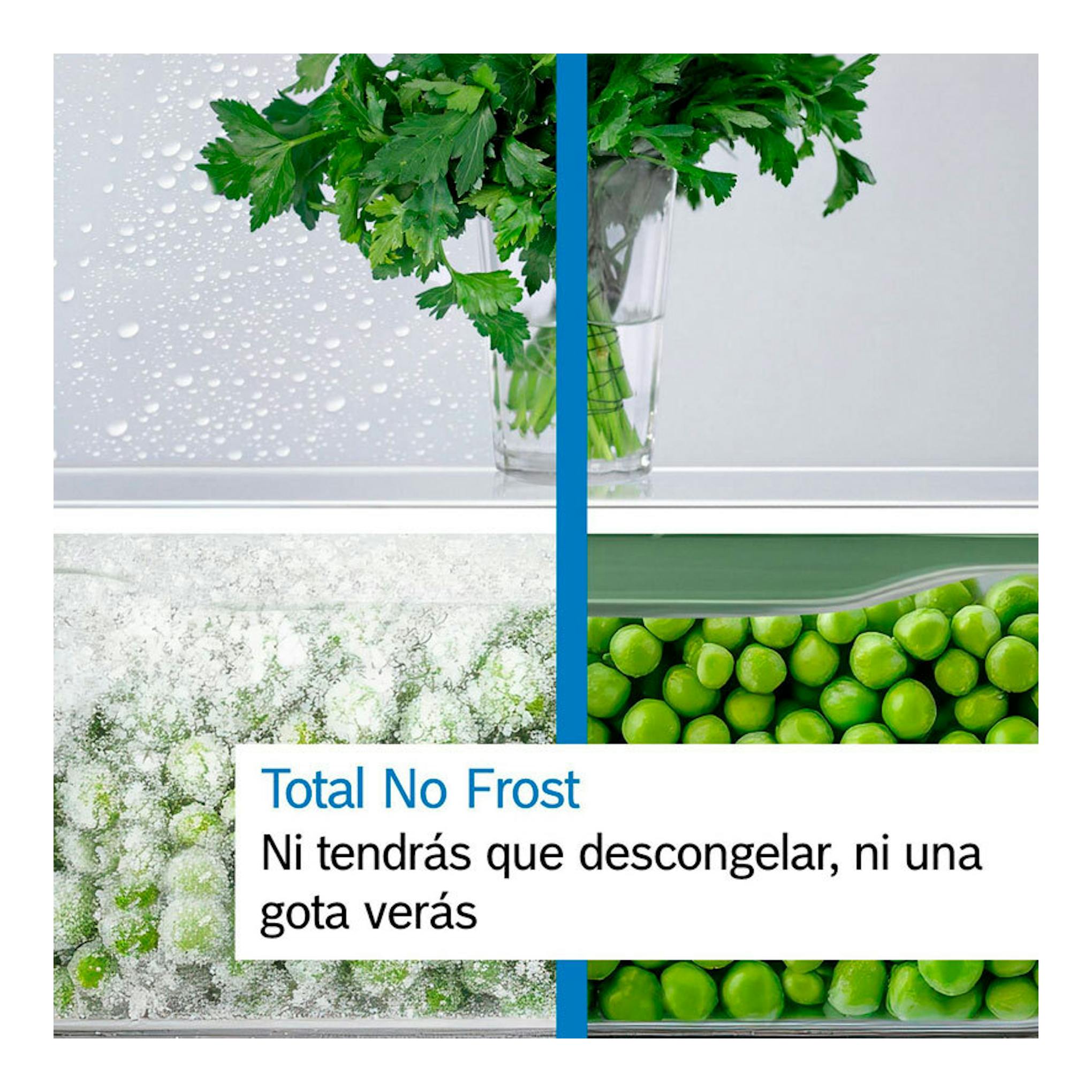 Bosch KGN493WDA: imagen promocional de Total No Frost con verduras y escarcha divididas por una línea azul.