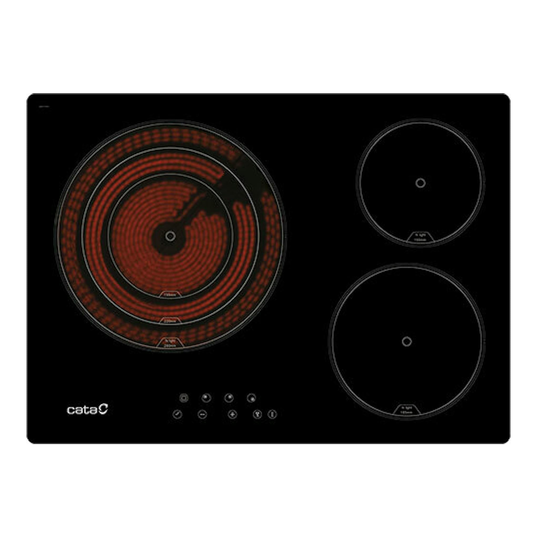 Placa vitrocerámica Cata negra, vista frontal, con tres zonas de cocción; la izquierda muestra anillos rojos.