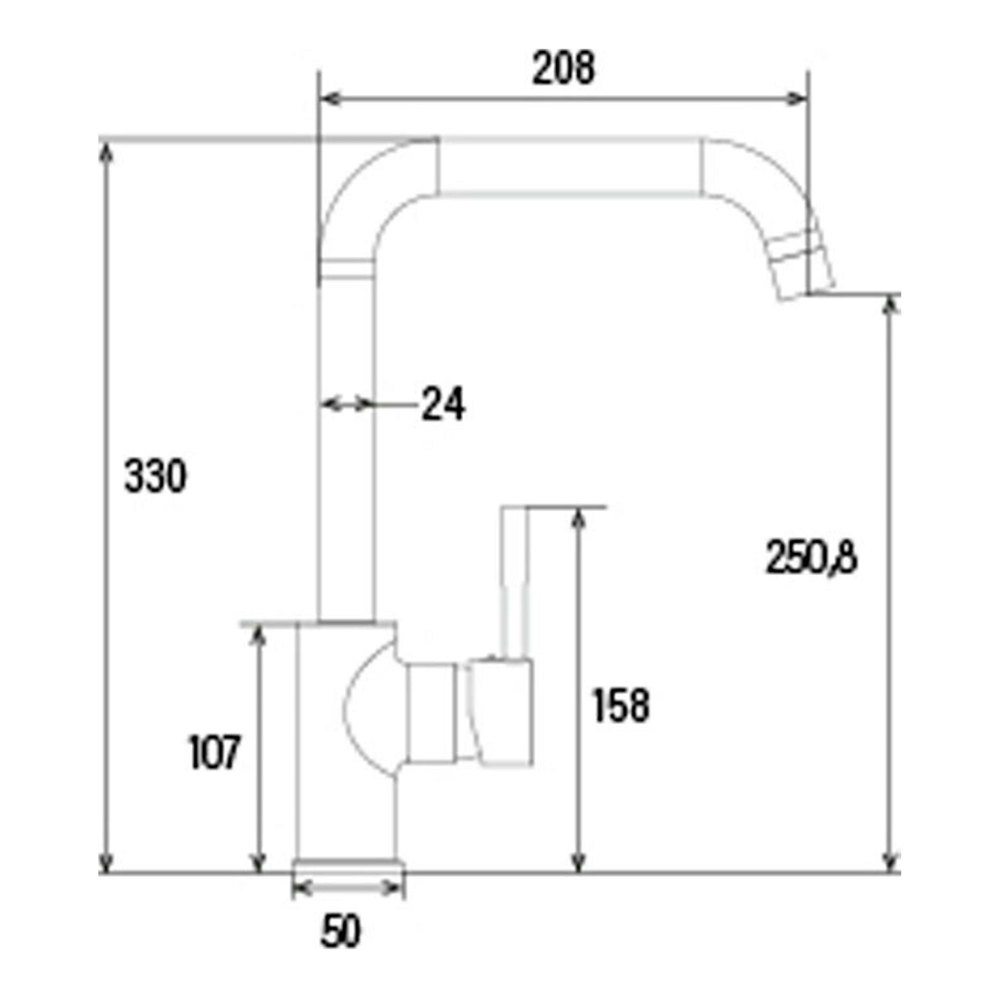 Grifo Cata BSA BK, vista lateral en plano técnico con medidas del grifo en forma de L.