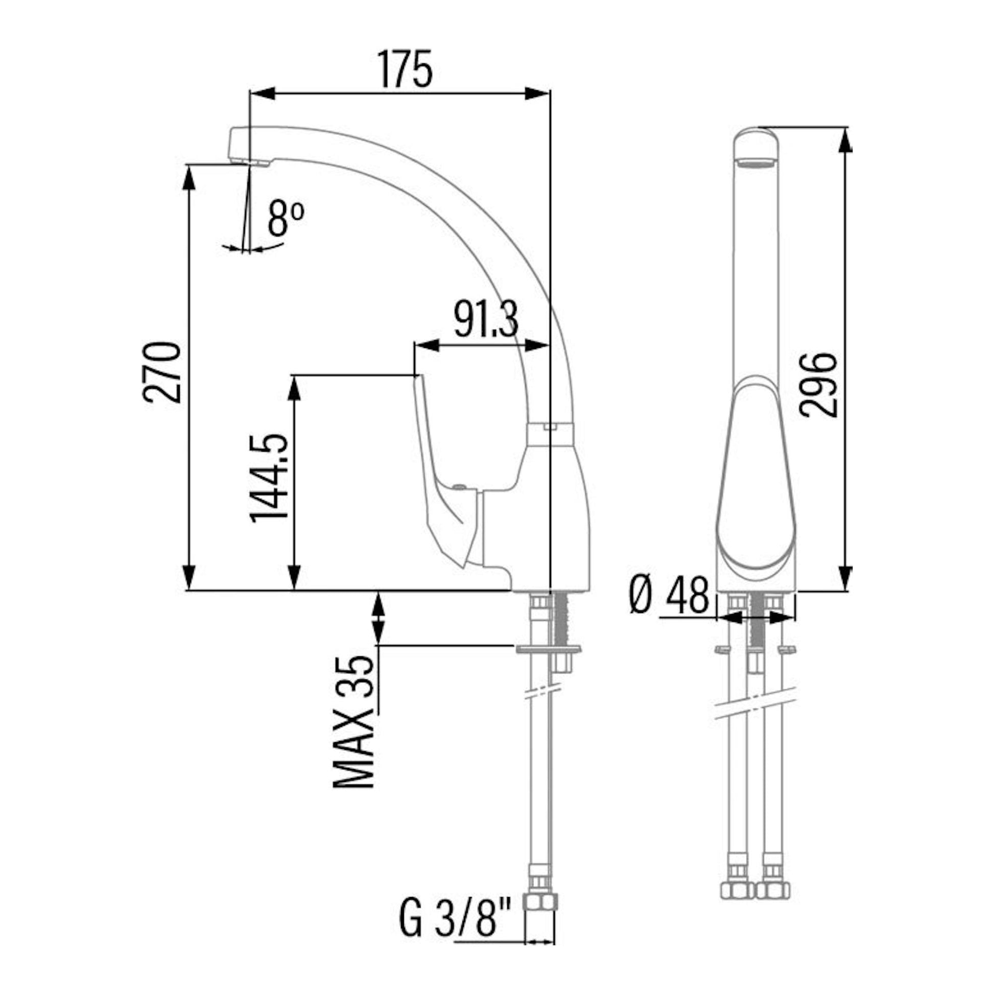 Grifo Cata CBA cromo, dibujo técnico lateral y frontal con medidas y conexión G 3/8".