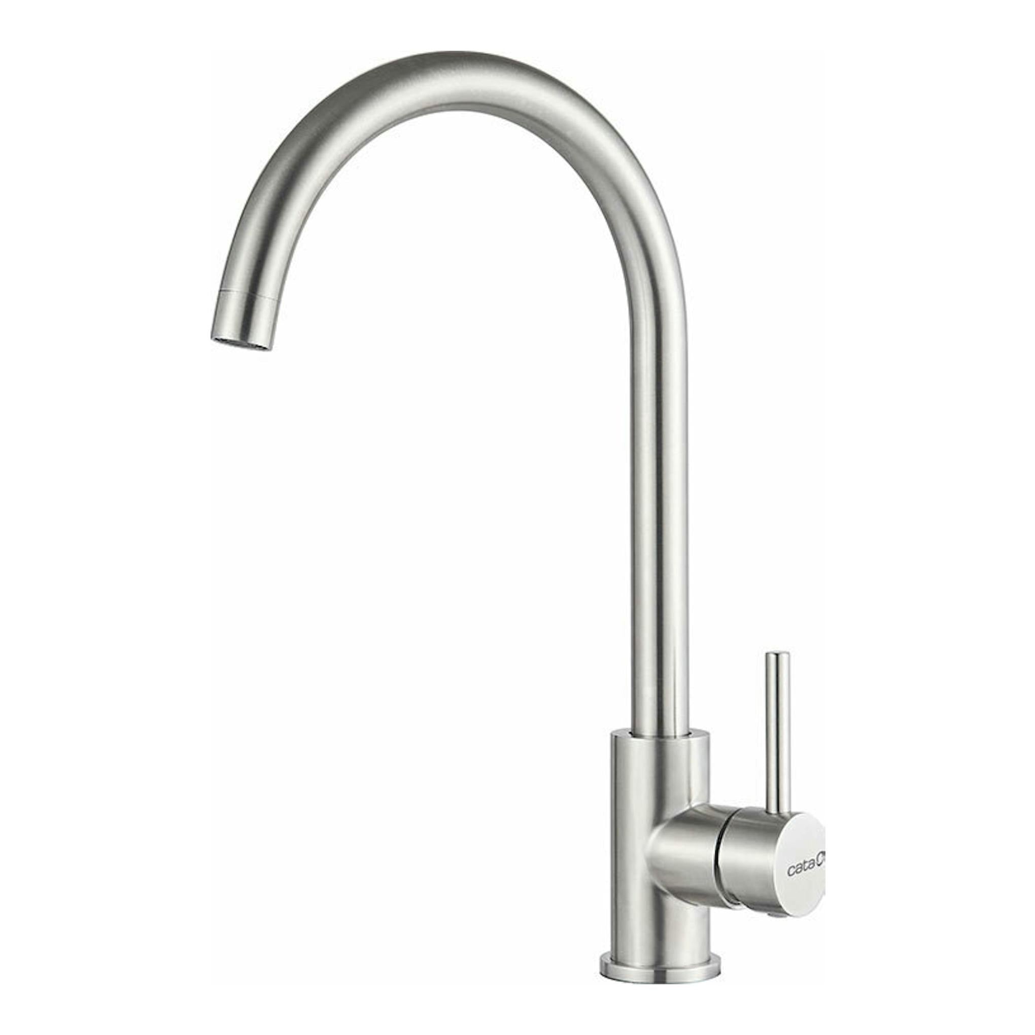 Grifo Cata CMA X de acero inoxidable, vista frontal, con caño alto curvo y palanca lateral.
