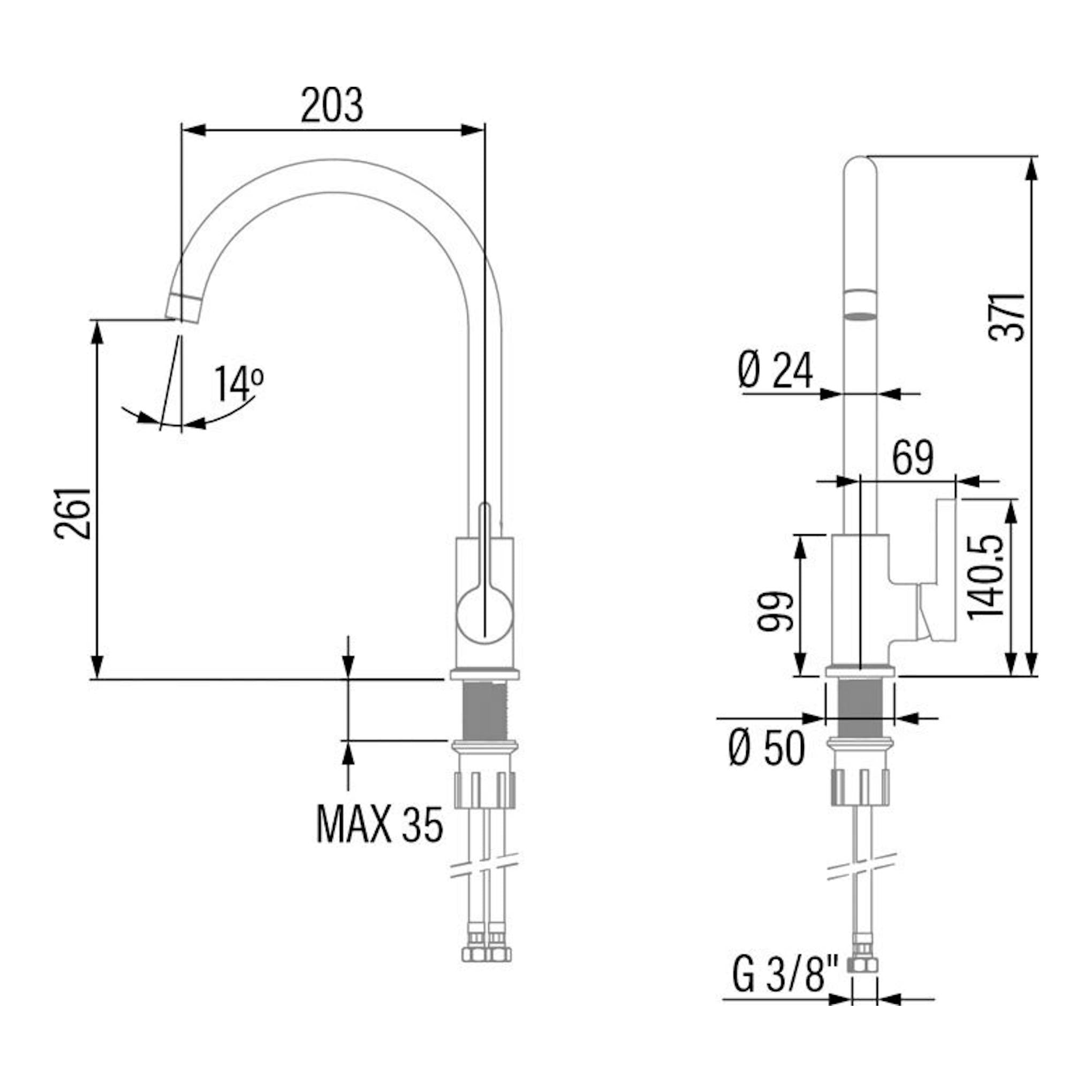 Plano técnico del grifo Cata CMA X en vista frontal y lateral, acabado cromado, con medidas.