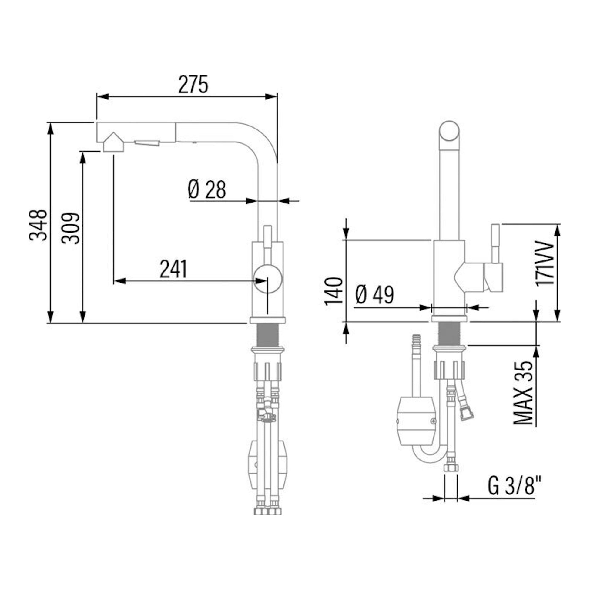 Dibujo técnico del grifo Cata CSE CROMO A, vistas lateral y frontal, con medidas.