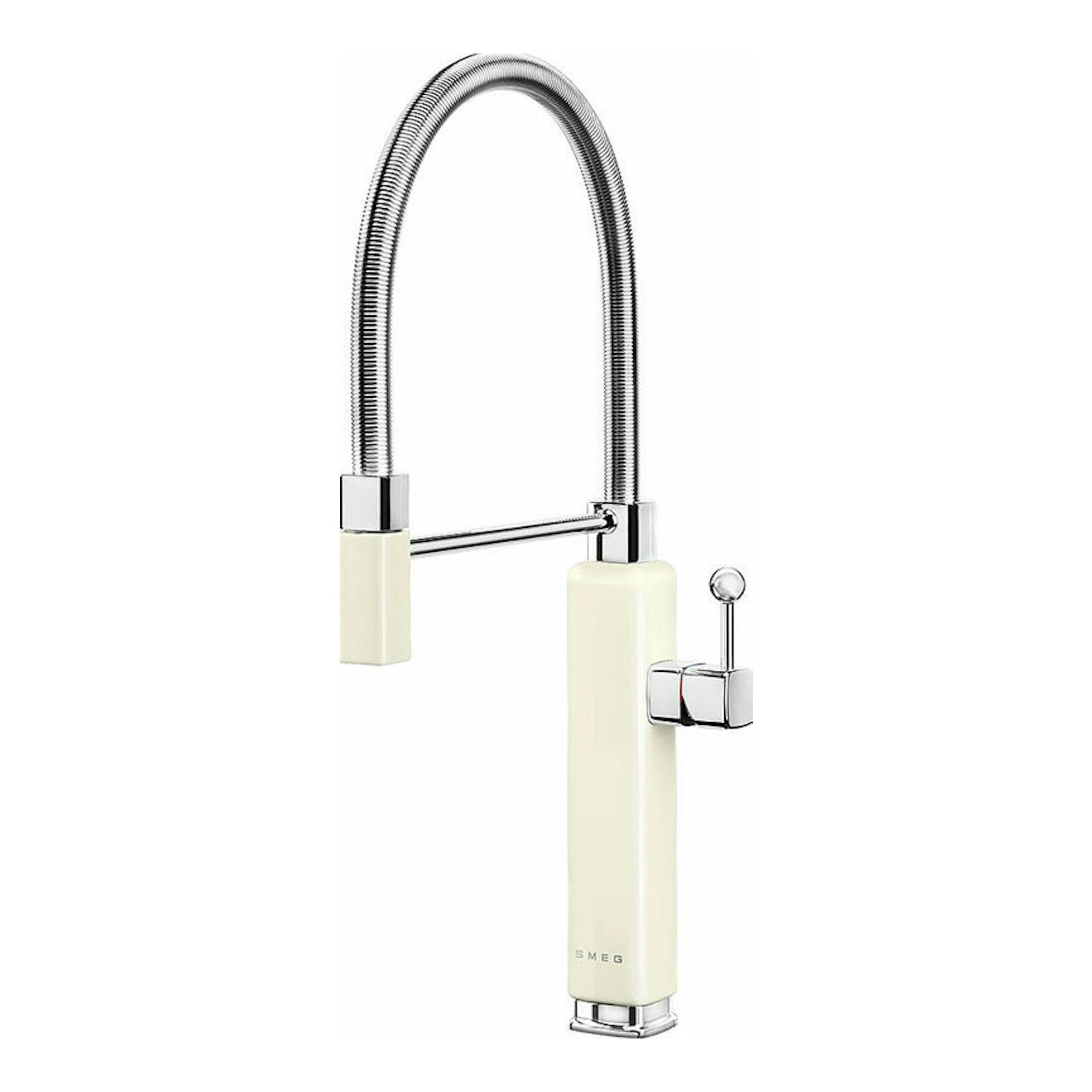 Grifo de cocina Smeg MDF50CR crema, vista frontal, caño alto flexible cromado con palanca lateral.