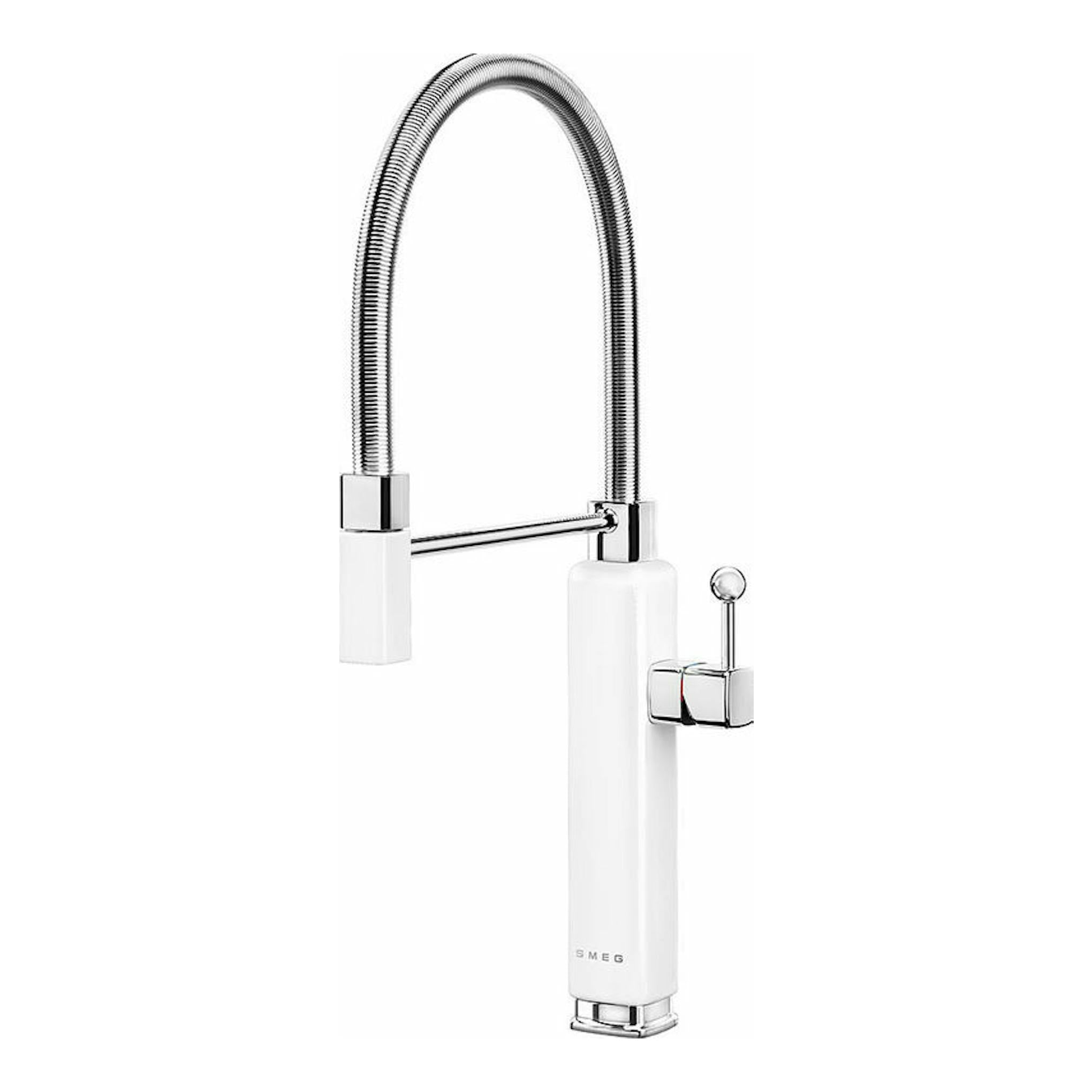 Grifo de cocina Smeg MDF50WH blanco, vista frontal, con caño flexible cromado y palanca lateral.