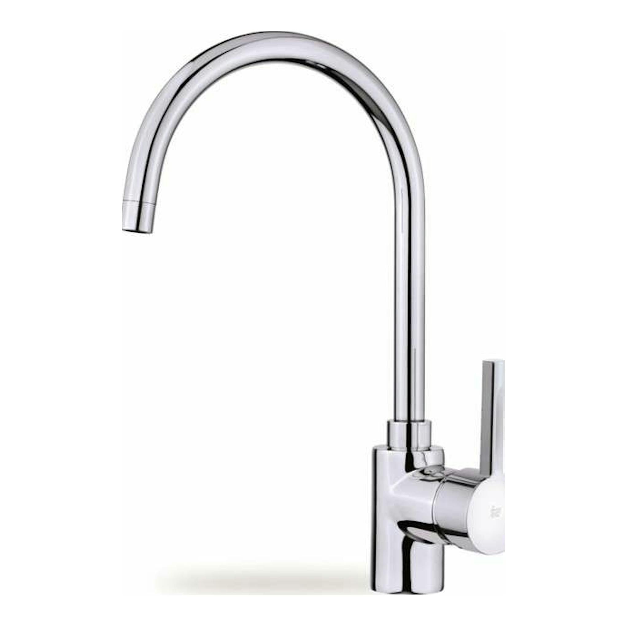 Grifo de cocina Teka ARK 915 cromado, vista frontal, caño alto curvado y maneta lateral.