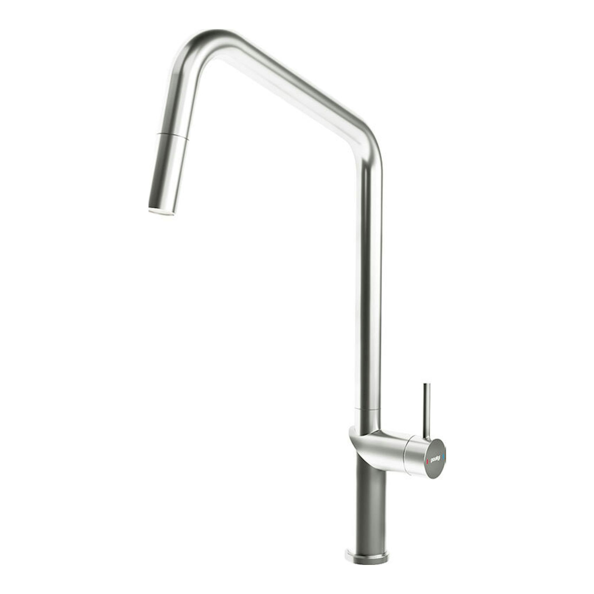 Grifo Poalgi C1 cromo, vista lateral, con caño alto en forma de L y mando monomando.